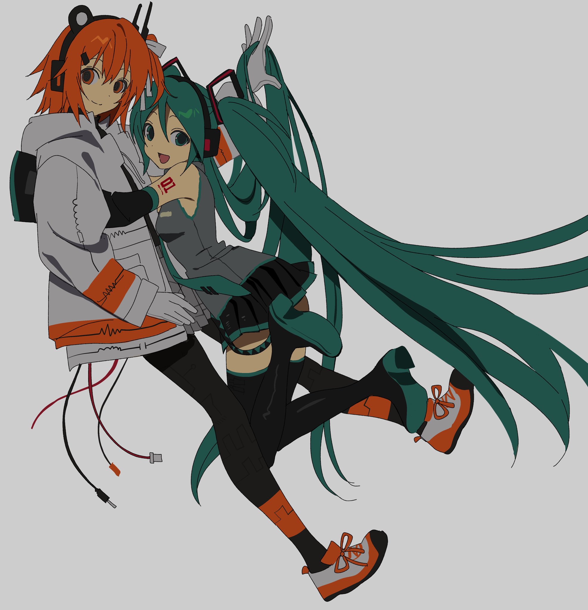 betti (xx betti), adachi rei, hatsune miku, a.i. voice, utau, vocaloid, highres, 2girls, aqua eyes, aqua hair, aqua necktie, bare shoulders, black sleeves, breasts, detached sleeves, hair between eyes, hair ornament, headphones, headset, long hair, looking at viewer, multiple girls, necktie, number tattoo, open mouth, shirt, simple background, skirt, sleeveless, smile, tattoo, thighhighs, twintails, very long hair