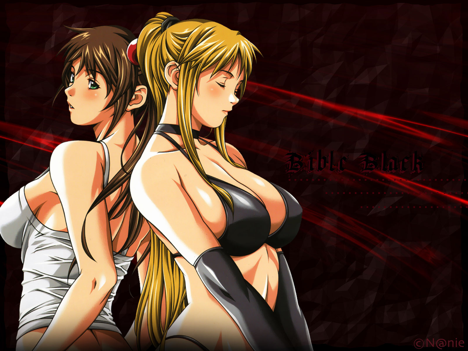 imari kurumi, saeki kaori, bible black, highres, 00s, 2girls, back-to-back, blonde hair, blush, breasts, brown hair, cleavage, copyright name, large breasts, multiple girls