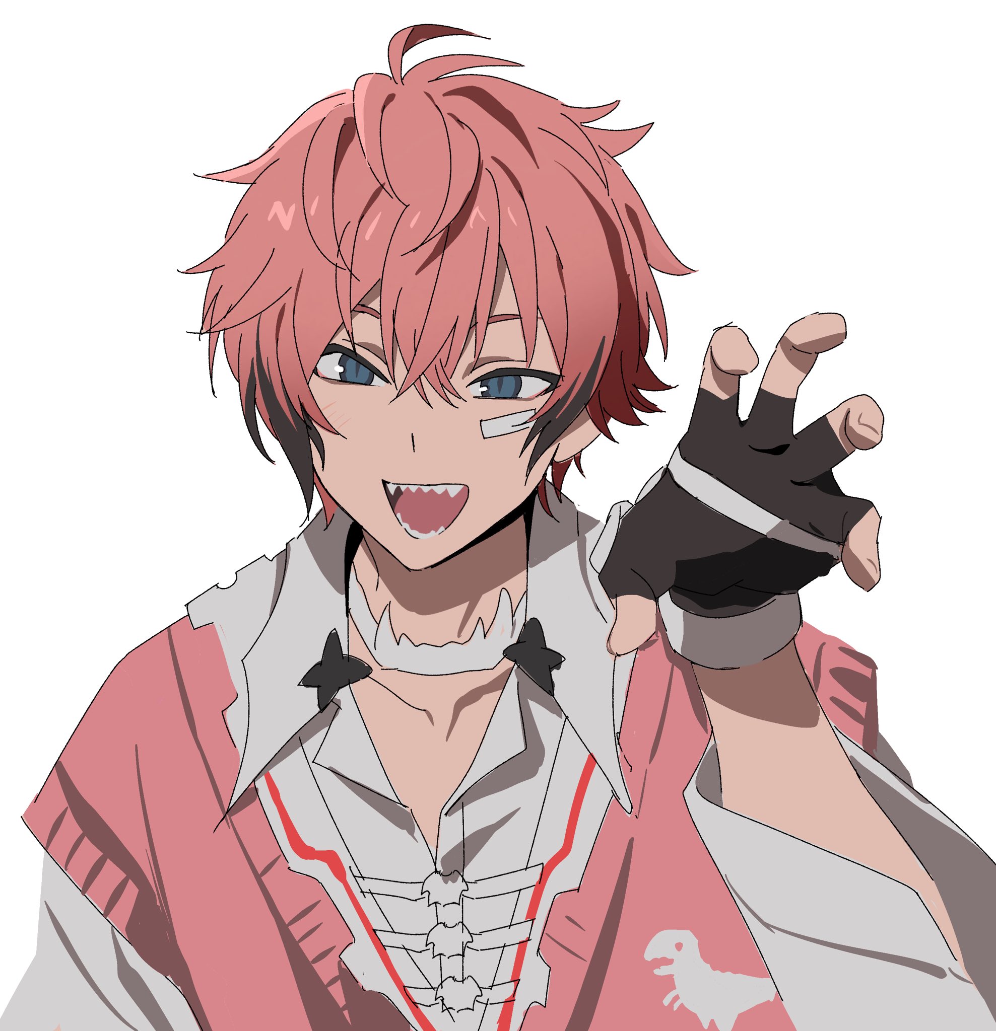betti (xx betti), akagi wen, akagi wen (1st costume), nijisanji, highres, 1boy, fingerless gloves, fingernails, gloves, open mouth, pink hair, sharp teeth, slit pupils, solo, teeth, tsurime, virtual youtuber, white background