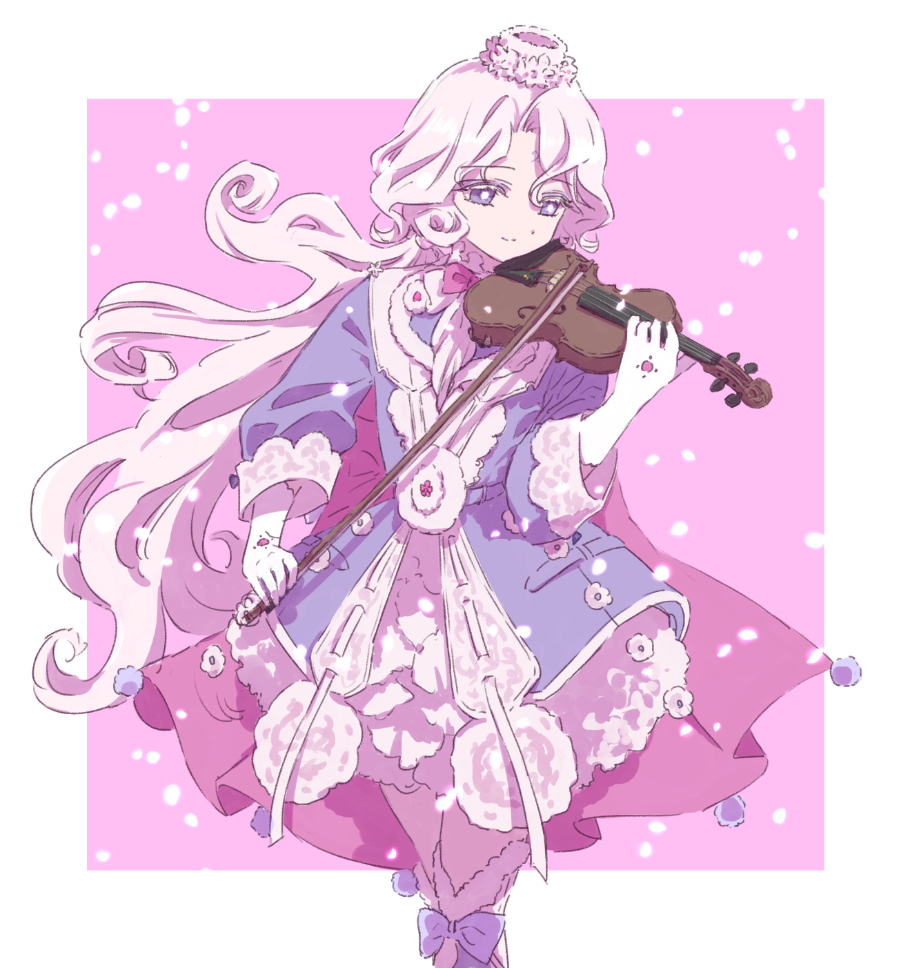 sister nanashi, highres, 1girl, bow, bow (music), bowtie, dress, forest musician cranberry gaiden: magical girl raising project unripe duet, frilled dress, frills, fur hat, hat, instrument, long hair, magical girl, miiya octave, pink background, purple bow, purple bowtie, purple eyes, smile, snowing, thighhighs, violin, white hair