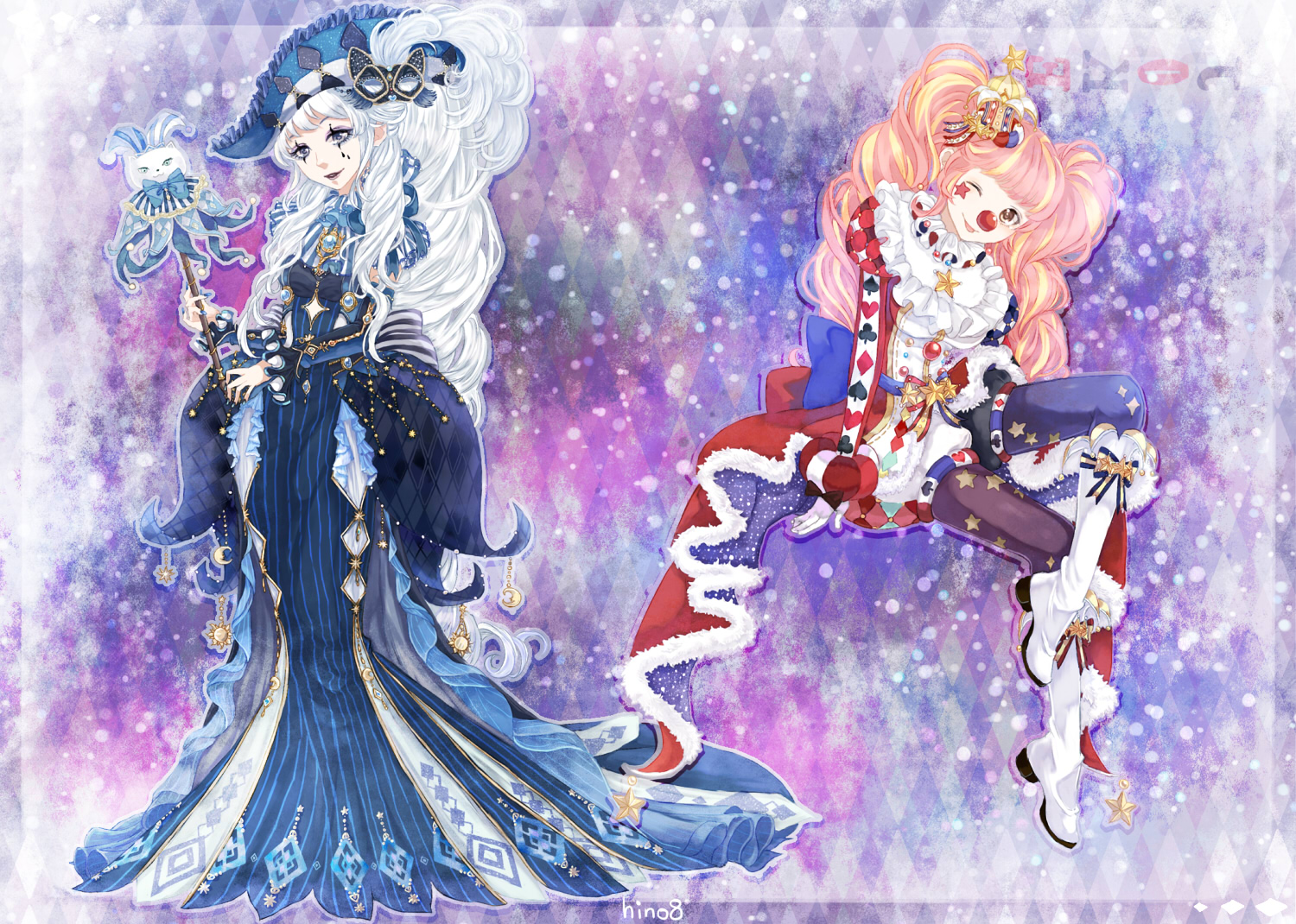 hino (8), miracle nikki, nikki (series), commentary request, partial commentary, 2girls, argyle background, argyle clothes, argyle dress, aria of night (miracle nikki), asymmetrical legwear, back bow, black lips, blue bow, blue bowtie, blue brooch, blue dress, blue hat, blue mask, blue pantyhose, blunt bangs, boots, bow, bowtie, brooch, brown eyes, brown pantyhose, card, cat mask, closed mouth, clown, clown nose, crossed legs, crown, diamond print, dress, eyelashes, facepaint, facial tattoo, frilled headwear, full body, fur-trimmed dress, fur trim, gold crown, grey eyes, happy, hat, head tilt, high heel boots, high heels, holding, holding wand, invisible chair, jewelry, joker (playing card), joker and magic card (miracle nikki), knee boots, knee up, light particles, lipstick, long dress, long sleeves, makeup, mask, mask on head, mini crown, mismatched legwear, multicolored hair, multiple girls, neck ruff, one eye closed, open mouth, orange hair, pantyhose, playing card, purple background, red dress, sitting, smile, standing, star (symbol), star brooch, star print, star tattoo, streaked hair, striped clothes, striped dress, tattoo, teardrop tattoo, twintails, vertical-striped clothes, vertical-striped dress, wand, white boots