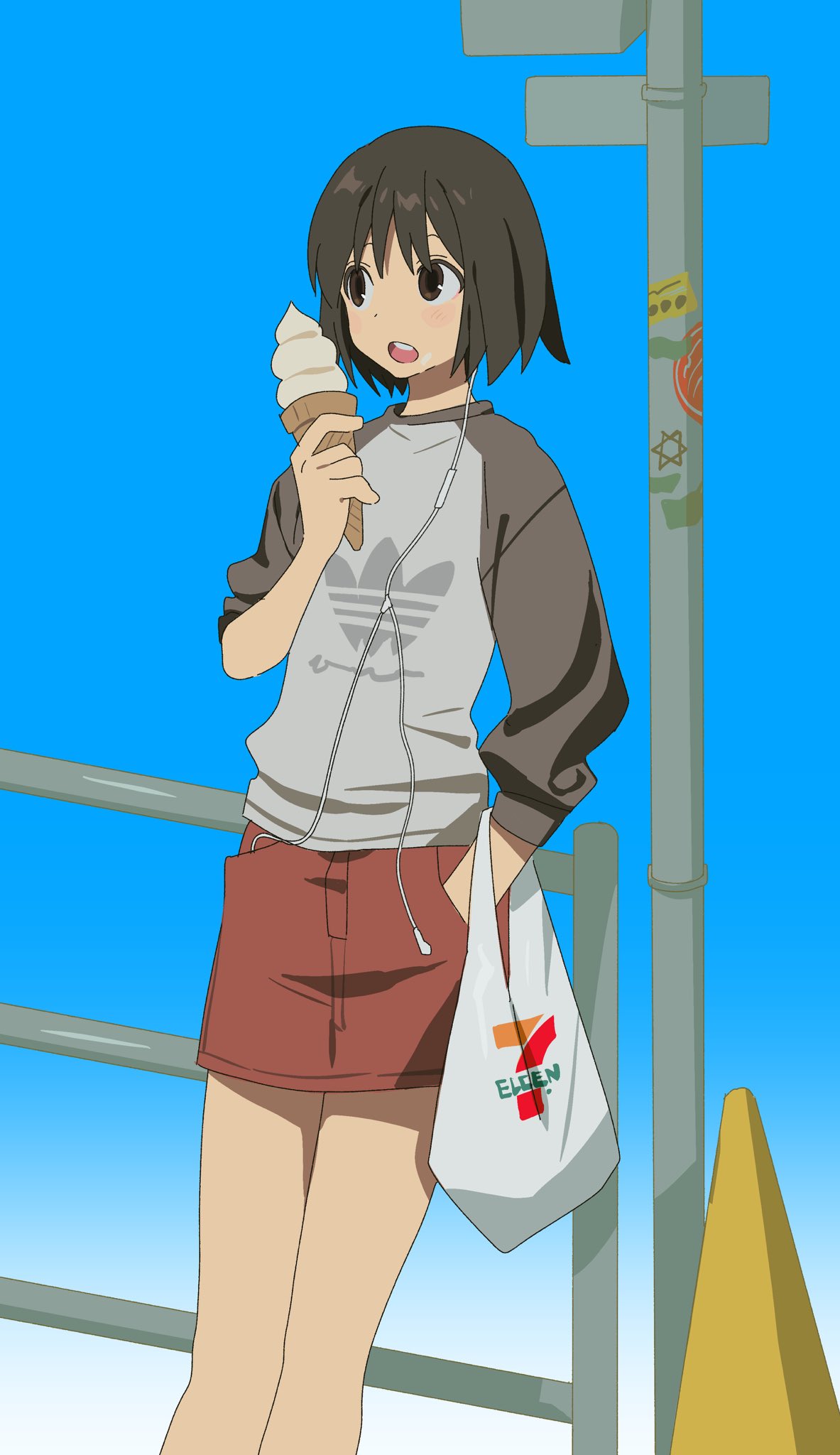 betti (xx betti), 7-eleven, character request, copyright request, highres, 1girl, bag, bob cut, earbuds, earphones, holding, ice cream cone, shirt, shopping bag, short hair, skirt, solo, standing
