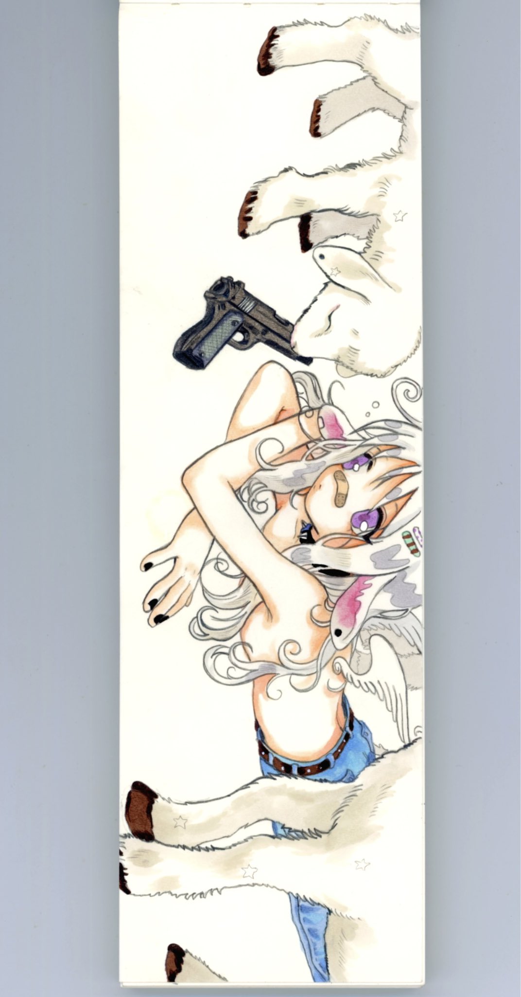 oliwa, original, highres, 1girl, 2000s (style), angel, angel wings, animal ears, baby animal, denim, gun, handgun, jeans, lamb, long hair, pants, purple eyes, sheep, sheep ears, sheep girl, topless female, weapon, wings