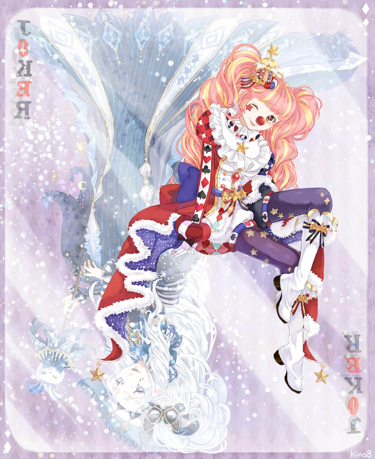 hino (8), miracle nikki, nikki (series), highres, 2girls, argyle background, argyle clothes, argyle dress, aria of night (miracle nikki), asymmetrical legwear, back bow, black bow, blonde hair, blue bow, blue pantyhose, blunt bangs, boots, bow, brooch, brown eyes, card, clown, clown nose, crown, dress, facial tattoo, footwear bow, full body, fur-trimmed dress, fur trim, hair bow, happy, hat ornament, invisible chair, jewelry, joker (playing card), joker and magic card (miracle nikki), juliet sleeves, knee boots, knee up, light particles, long dress, long hair, long sleeves, looking at viewer, mini crown, mismatched legwear, multicolored hair, multiple girls, neck ruff, one eye closed, open mouth, orange hair, pantyhose, playing card, puffy sleeves, purple background, purple pantyhose, red bow, red dress, single stripe, sitting, smile, solo focus, star (symbol), star brooch, star hat ornament, star print, star tattoo, streaked hair, striped bow, tattoo, twintails, two-sided dress, two-sided fabric, two-tone bow, two-tone dress, two-tone hair, upside-down, white boots, white dress