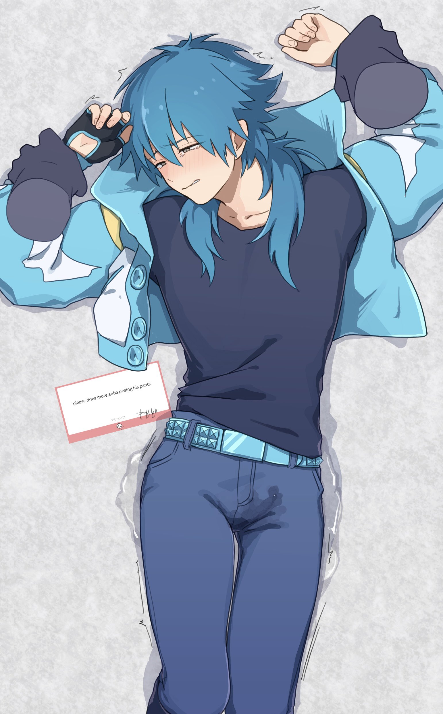 mokado375, seragaki aoba, dramatical murder, absurdres, highres, 1boy, 1other, blue hair, blue jacket, hair between eyes, jacket, long hair, long sleeves, male focus, multicolored jacket, pants, pee, peeing, peeing self, pov, pov hands, shirt