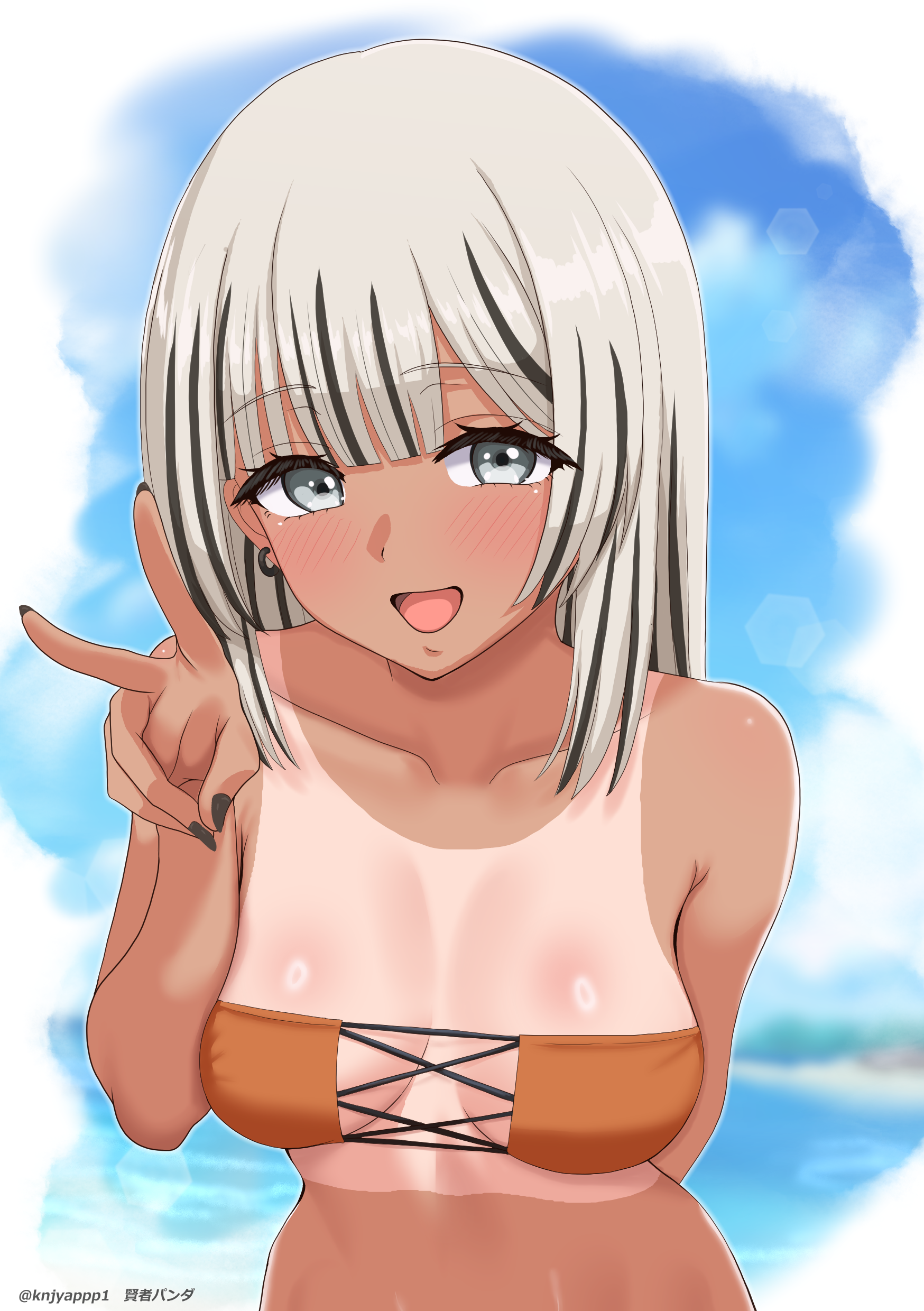 kenja panda, kasai seira, sono bisque doll wa koi wo suru, absurdres, commentary request, highres, variant set, 1girl, :d, bikini, black nails, blue sky, blush, day, grey eyes, grey hair, hand up, looking at viewer, open mouth, orange bikini, sky, smile, solo, stomach, strapless, strapless bikini, swimsuit, tan, tanline, tongue, upper body, v