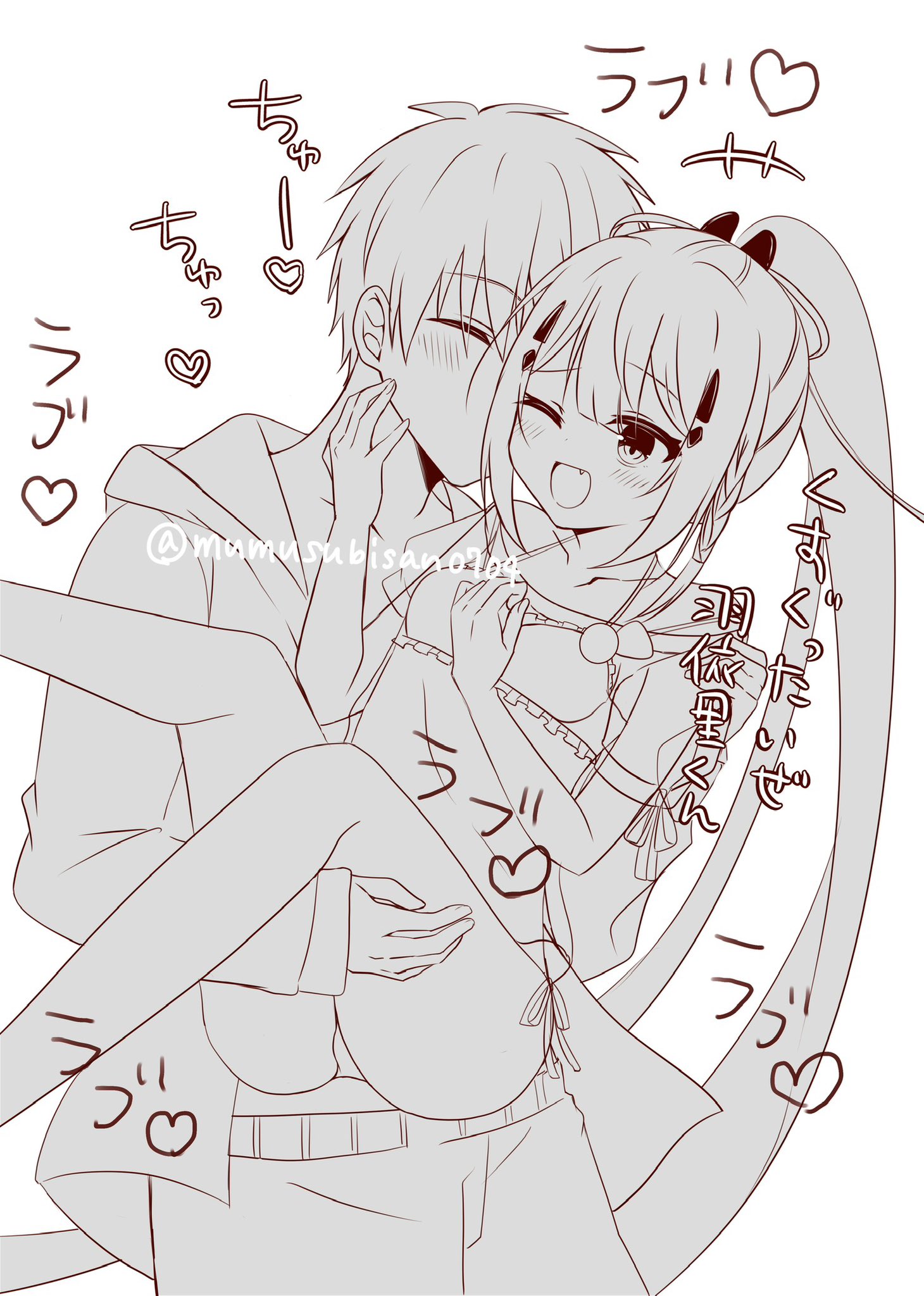 kamiyama shiki, takahara hairi, summer pockets, commentary request, highres, translated, +++, 1boy, 1girl, 2025, ;d, ^ ^, alternate costume, bikini, blush, braid, breasts, carrying, clenched hand, closed eyes, collarbone, couple, cowboy shot, dated commentary, fang, feet out of frame, frilled bikini, frills, greyscale, hair ornament, hairclip, halterneck, hands up, happy, heart, hetero, hood, hooded jacket, jacket, kiss, kissing cheek, knees up, laughing, long hair, looking at another, monochrome, mumusubisan0704, one eye closed, open clothes, open jacket, open mouth, panties, ponytail, princess carry, short hair, side-tie bikini bottom, side braid, simple background, small breasts, smile, sound effects, spiked hair, split ponytail, straight hair, swimsuit, thighs, underwear, very long hair, white background