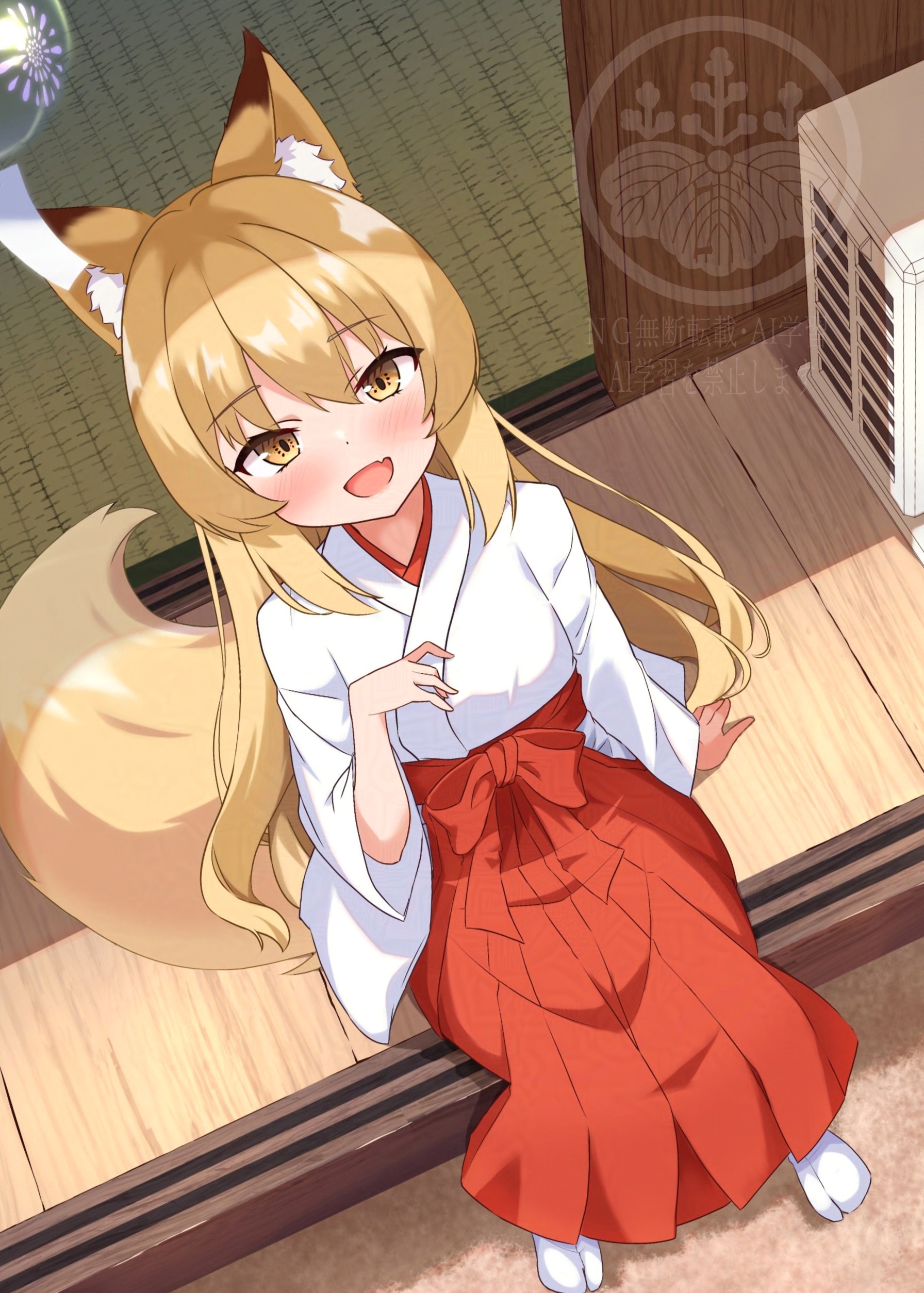 rodo (oekakisyakaijin), original, absurdres, highres, 1girl, animal ears, blonde hair, fox ears, fox girl, japanese clothes, looking at viewer, miko, neck fan, open mouth, wind chime, yellow eyes