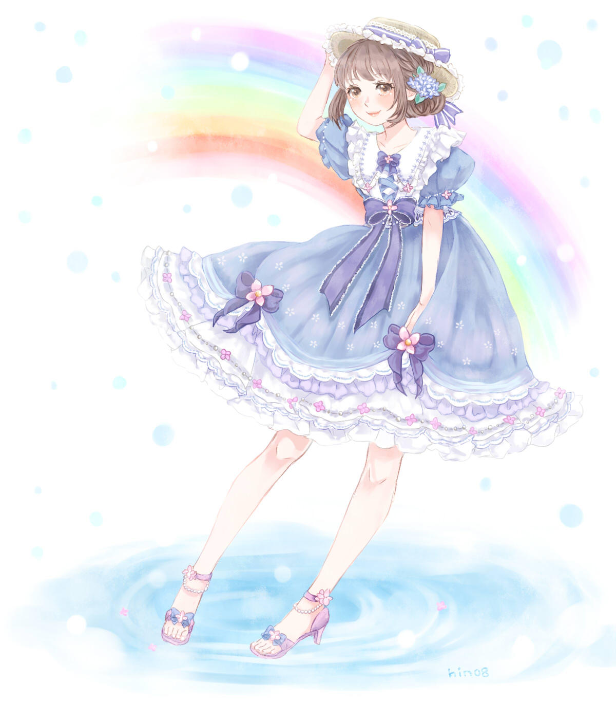 hino (8), miracle nikki, nikki (series), commentary request, highres, 1girl, blue dress, bow, bowtie, brown eyes, brown hat, closed mouth, collared shirt, cross-laced clothes, cross-laced top, dress, dress bow, eyelashes, floral print, flower, frilled bow, frilled dress, frilled headwear, frilled shirt collar, frills, full body, hair flower, hair ornament, hand on headwear, hand on lap, happy, hat, hat bow, high heel sandals, hydrangea, knees, light blush, lipstick, makeup, medium dress, pink lips, pink sandals, puffy short sleeves, puffy sleeves, purple bow, purple bowtie, purple flower, rain, rainbow, ripples, sandals, shirt, shirt under dress, short sleeves, signature, smile, solo, standing, standing on liquid, straw hat, stylist (nikki), waist bow, white shirt