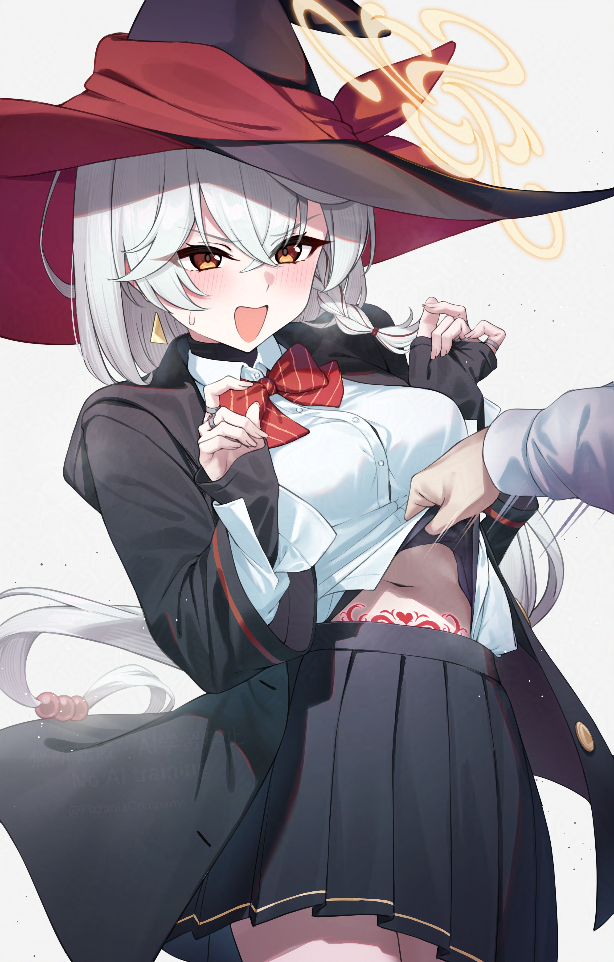 pizza (pizzania company), eri (blue archive), blue archive, absurdres, commentary request, highres, 1boy, 1girl, black skirt, blush, bow, bowtie, braid, breasts, earrings, hair between eyes, halo, hat, jacket, jewelry, large breasts, long hair, long sleeves, looking at viewer, midriff, navel, open mouth, pleated skirt, pubic tattoo, red bow, red bowtie, ring, shirt, simple background, skirt, sleeves past wrists, smile, solo, sweatdrop, tattoo, white background, white hair, white shirt, witch hat, yellow halo