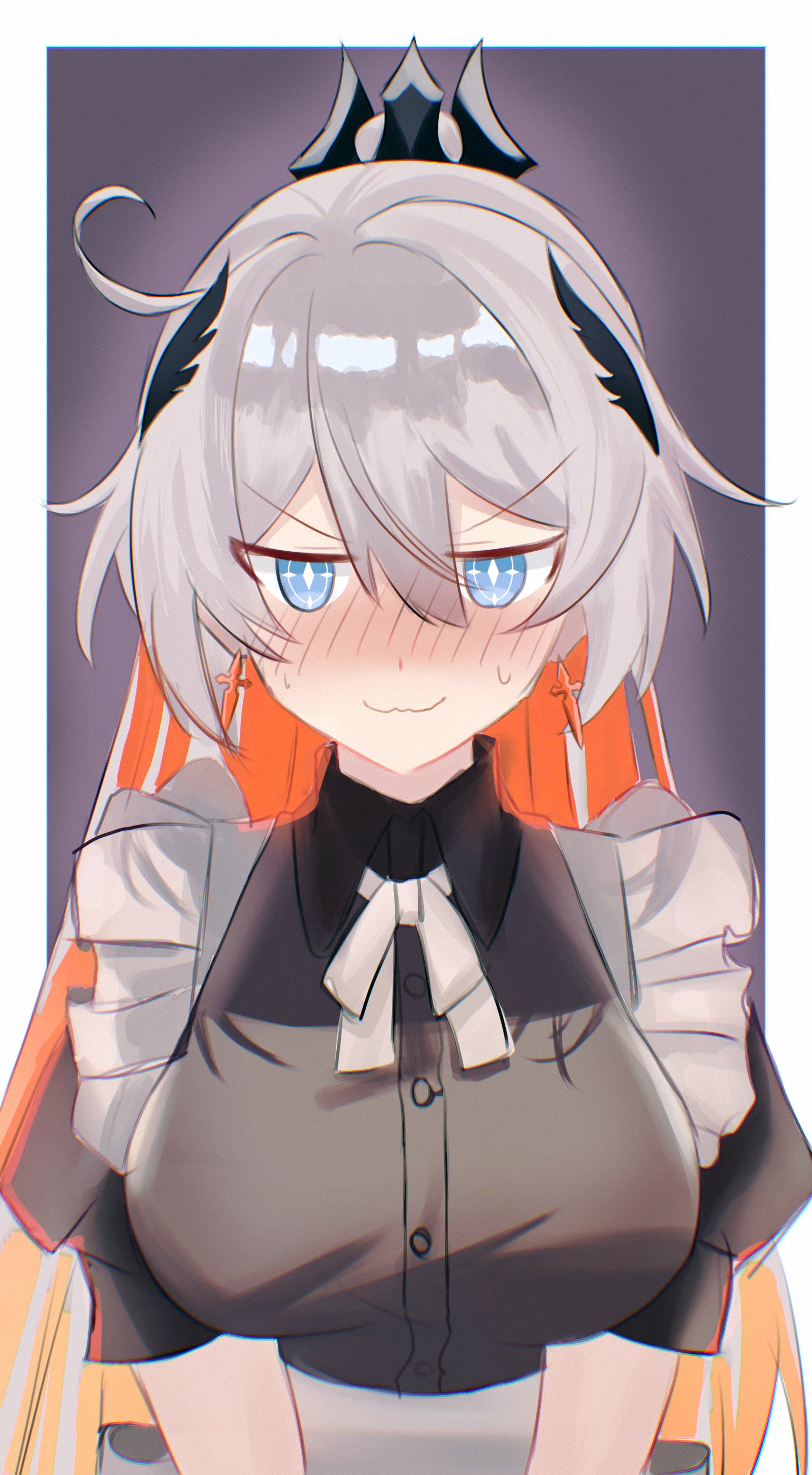 kiana kaslana, kiana kaslana (herrscher of flamescion), honkai (series), honkai impact 3rd, absurdres, commentary, english commentary, highres, 1girl, ahoge, alternate costume, black dress, blue eyes, blush, border, breasts, colored inner hair, dress, grey background, large breasts, long hair, looking at viewer, maid, multicolored hair, orange hair, solo, tiara, two-tone hair, upper body, very long hair, white border, white hair, yue kanade