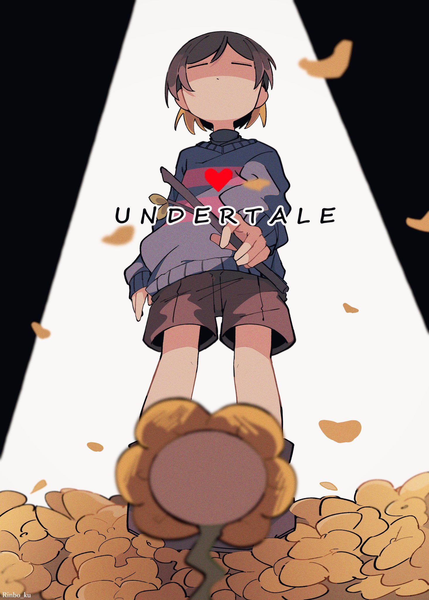 flowey (undertale), frisk (undertale), undertale, utdr (toby fox), highres, 1boy, 1other, brown hair, brown shorts, closed eyes, closed mouth, copyright name, dot mouth, falling leaves, flower, hair between eyes, heart, holding, holding stick, leaf, rinbo ku, short hair, shorts, standing, stick, striped clothes, striped sweater, sweater, yellow flower