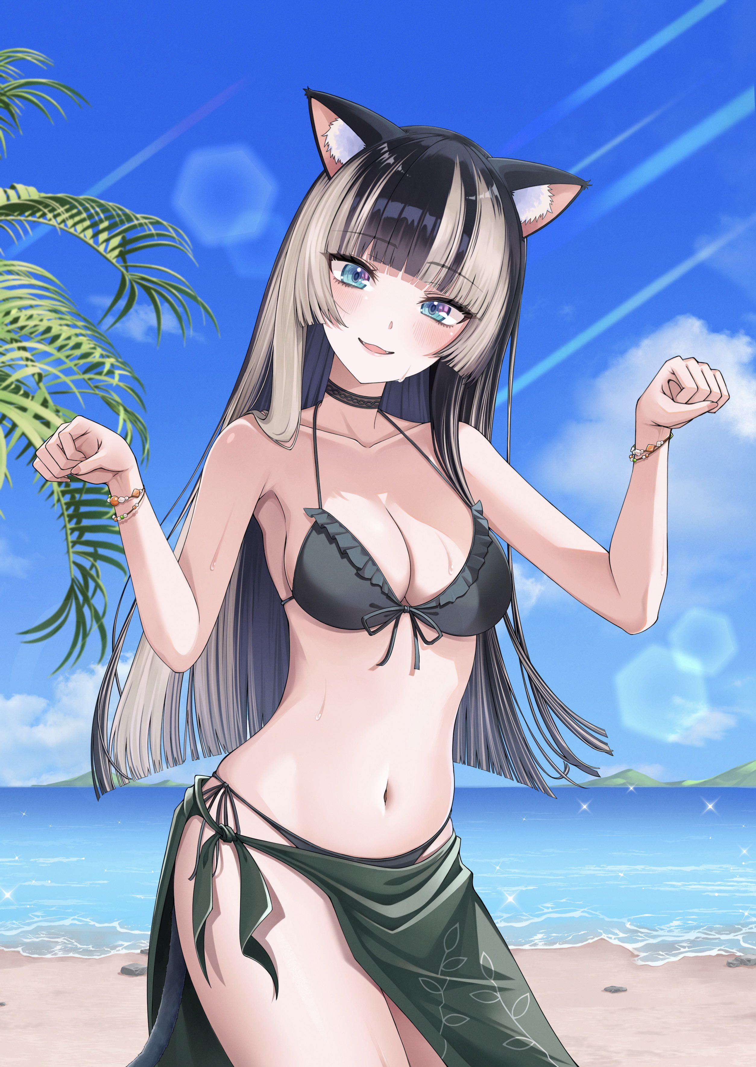 mt mozuku, juufuutei raden, hololive, hololive dev is, absurdres, commentary request, highres, 1girl, alternate costume, animal ears, beach, bikini, black bikini, black choker, black hair, blue eyes, blue sky, blunt bangs, blunt ends, bracelet, breasts, cat ears, choker, cleavage, cloud, cowboy shot, day, frilled bikini, frills, front-tie bikini top, front-tie top, green sarong, grey hair, halterneck, hands up, hime cut, jewelry, kemonomimi mode, long hair, looking at viewer, medium breasts, multicolored hair, navel, ocean, open mouth, outdoors, palm leaf, paw pose, sarong, side-tie bikini bottom, sky, smile, solo, stomach, straight-on, straight hair, streaked hair, swimsuit, two-tone hair, virtual youtuber