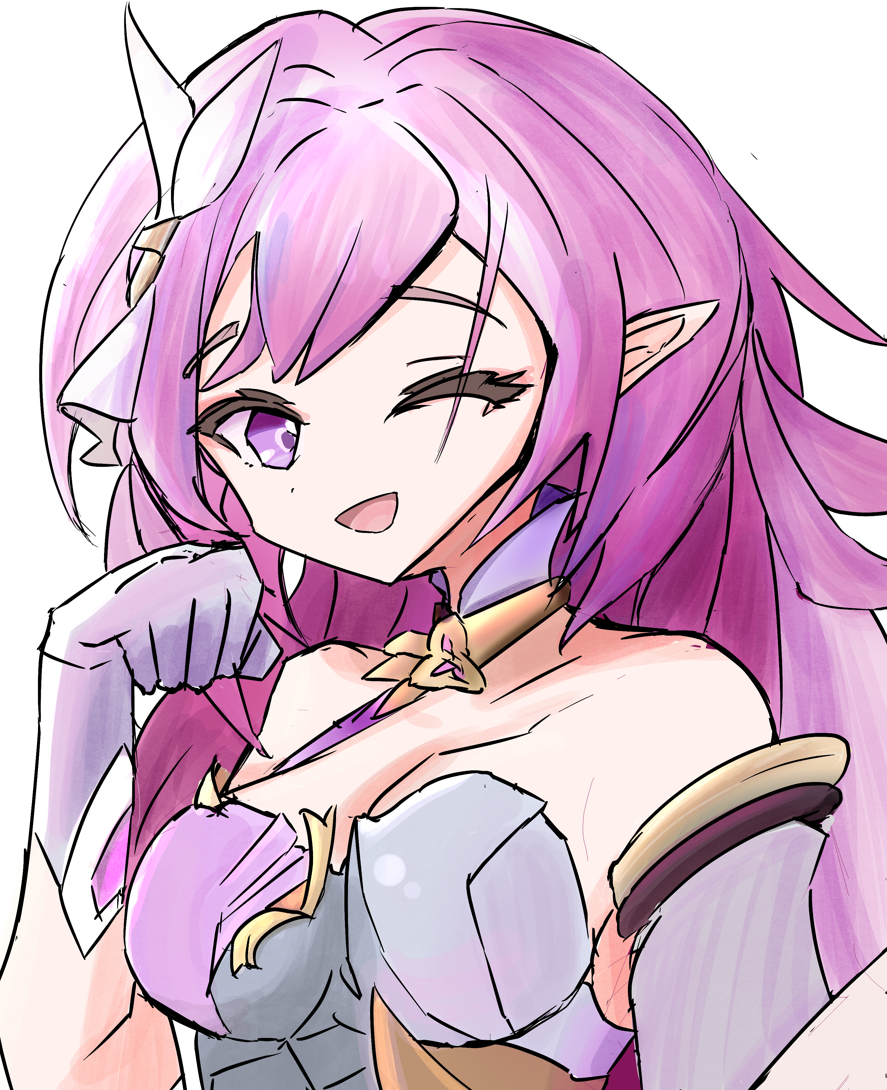 elysia (herrscher of human: ego) (honkai impact), elysia (honkai impact), honkai (series), honkai impact 3rd, absurdres, commentary request, highres, 1girl, ;o, bare shoulders, breasts, cleavage, corset, diamond-shaped pupils, diamond (shape), elf, gloves, hair ornament, large breasts, long hair, one eye closed, pink hair, pointy ears, poruporu1211, purple eyes, simple background, solo, symbol-shaped pupils, triquetra, upper body, very long hair, white background, white corset, white gloves