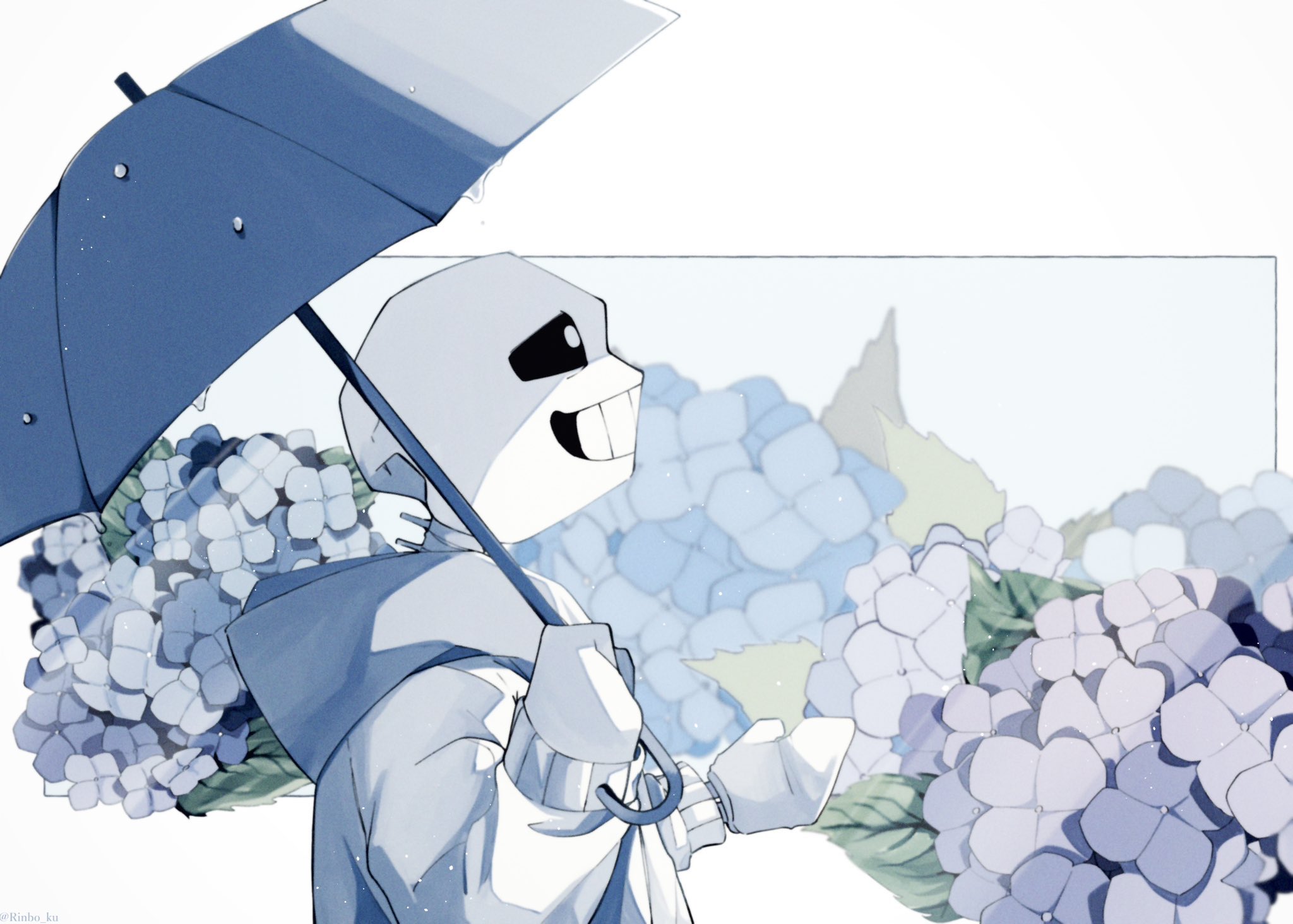 sans (undertale), undertale, utdr (toby fox), highres, 1boy, blue jacket, bright pupils, flower, gloves, grin, holding, holding umbrella, hollow eyes, hood, hood down, jacket, looking up, profile, rinbo ku, shirt, skeleton, smile, teeth, umbrella, upper body, white gloves, white pupils, white shirt
