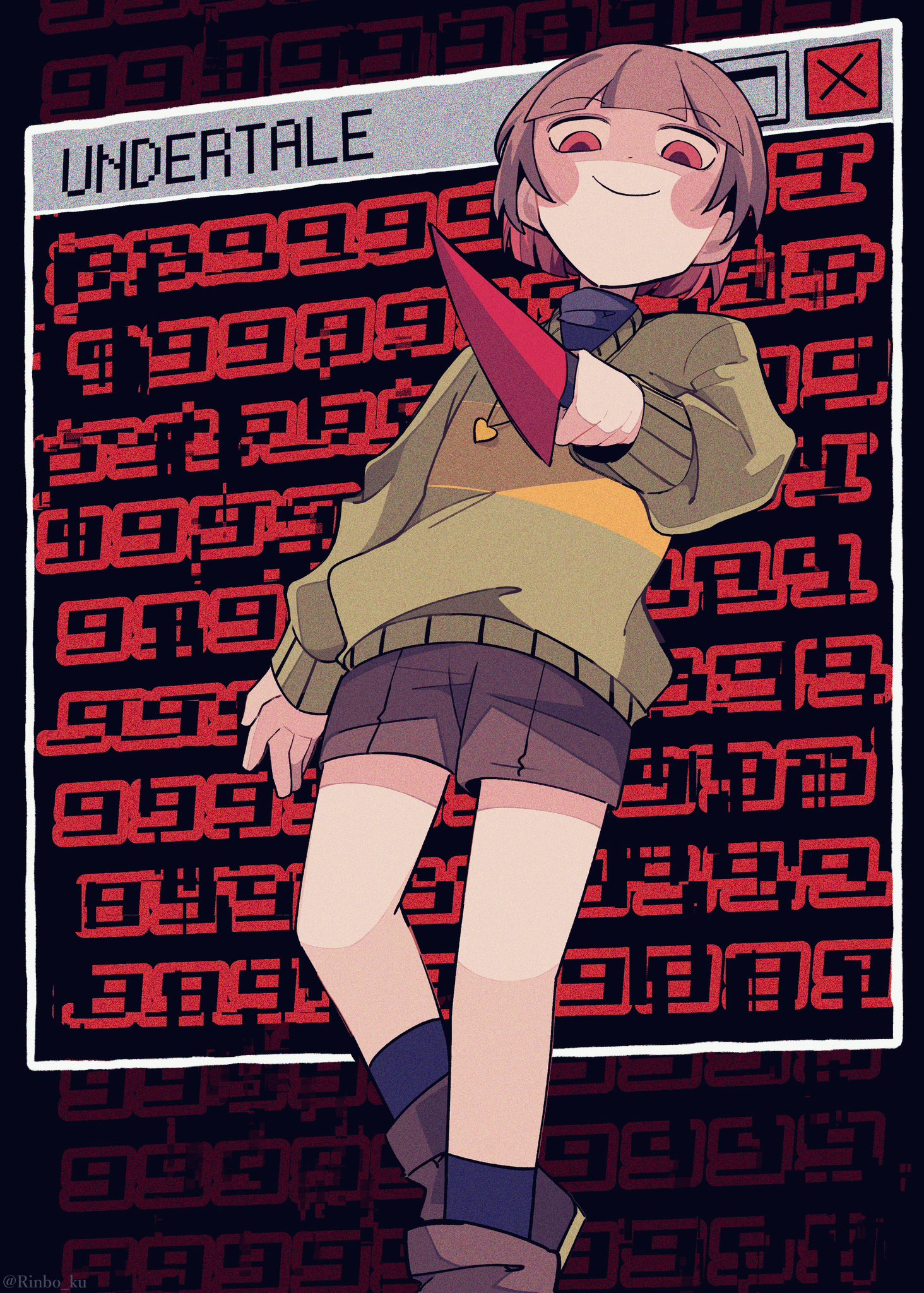 chara (undertale), undertale, utdr (toby fox), highres, 1other, black socks, black undershirt, blush stickers, brown shoes, brown shorts, closed mouth, copyright name, green sweater, heart, heart necklace, holding, holding knife, jewelry, knife, necklace, other focus, rinbo ku, shoes, shorts, single stripe, smile, socks, solo, sweater