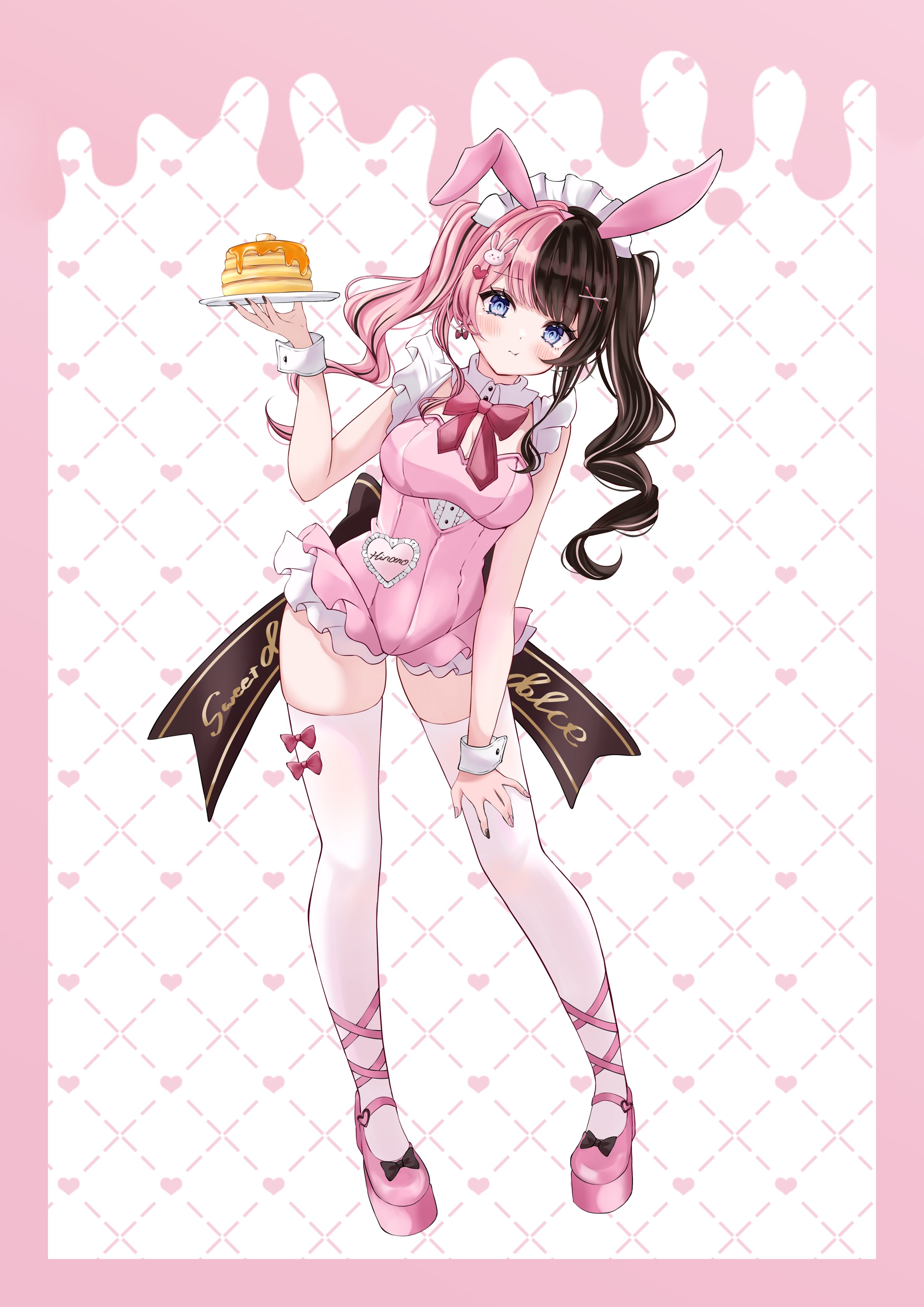 oyuharu, tachibana hinano, vspo!, absurdres, highres, 1girl, animal ears, black bow, black hair, black nails, bow, bow legwear, breasts, closed mouth, fake animal ears, food, long hair, looking at viewer, multicolored hair, pink bow, pink hair, pout, rabbit ears, simple background, solo, standing, thighhighs, twintails, two-tone hair, virtual youtuber, white headdress, white thighhighs, white wrist cuffs, wrist cuffs