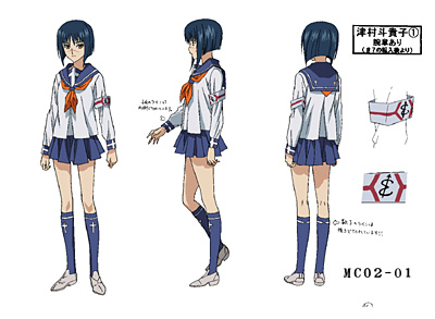 tsumura tokiko, busou renkin, lowres, 00s, blue hair, scar, school uniform, serafuku, sketch