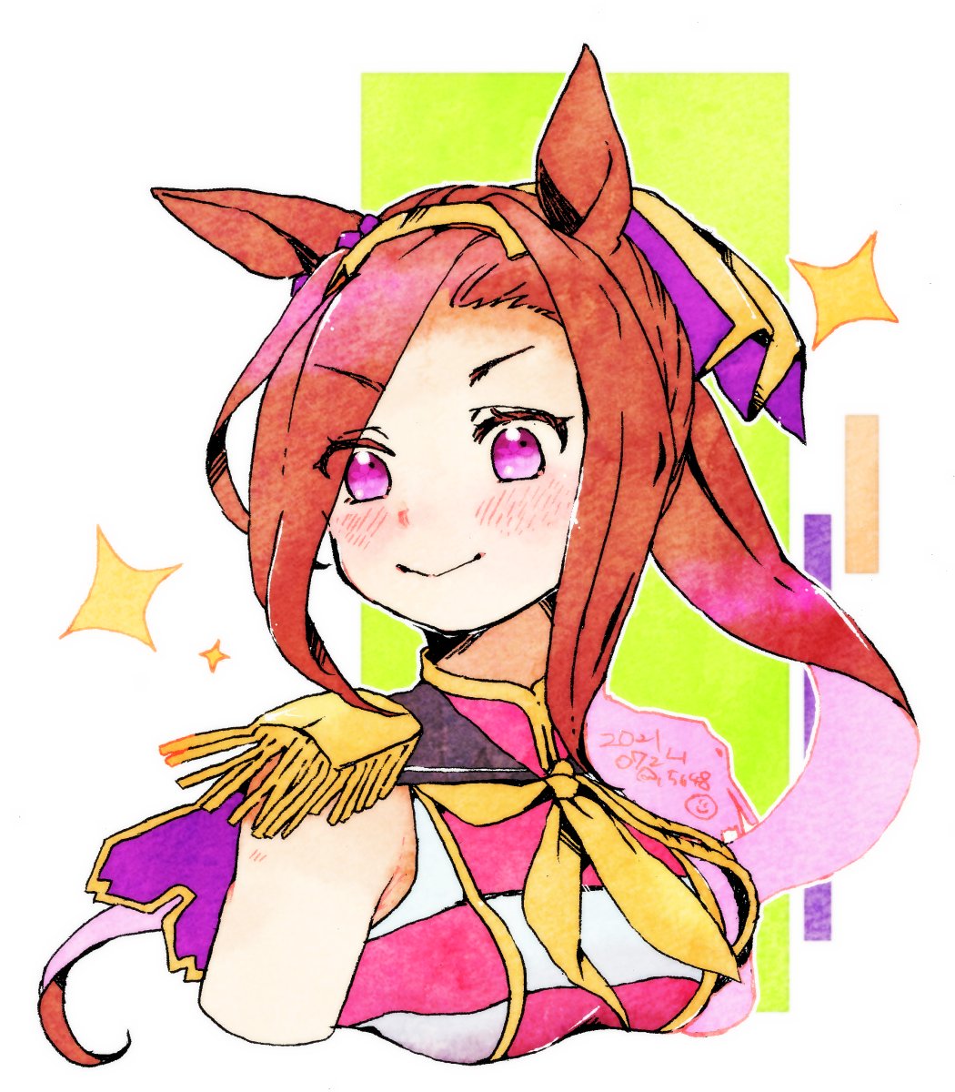 ichigo6480, sakura bakushin o (umamusume), umamusume, commentary request, highres, 1girl, animal ears, blush, breasts, brown hair, closed mouth, dress, ear ornament, epaulettes, gold hairband, hairband, horse ears, horse girl, long hair, ponytail, purple eyes, sleeveless, sleeveless dress, smile, solo, upper body