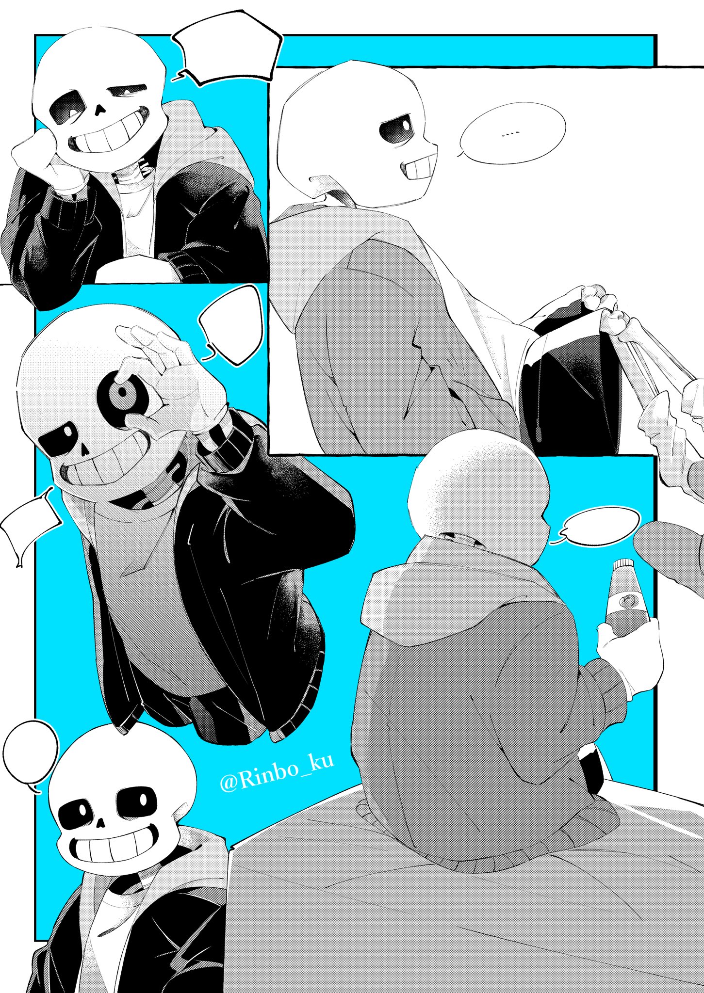 sans (undertale), undertale, utdr (toby fox), highres, …, 1boy, black shorts, bottle, gloves, grin, holding, holding bottle, hollow eyes, jacket, ketchup bottle, multiple views, open clothes, open jacket, partially colored, profile, rinbo ku, shirt, shorts, sitting, skeleton, slippers, smile, socks, speech bubble, spoken ellipsis, teeth, upper body, white gloves, white shirt, white socks