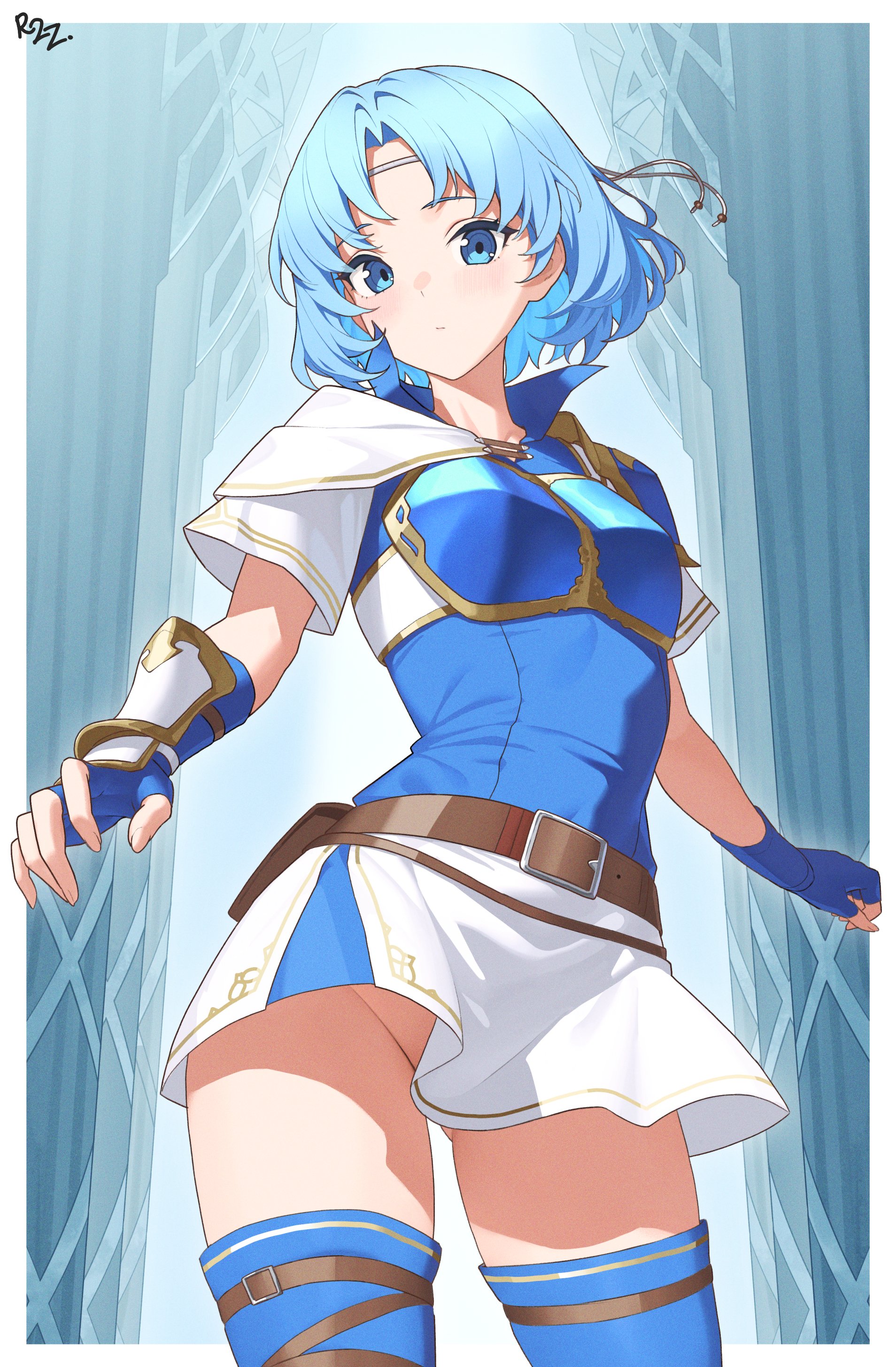 dhokidoki, thea (fire emblem), fire emblem, fire emblem: the binding blade, nintendo, absurdres, commission, highres, vgen commission, 1girl, armor, belt, blue armor, blue eyes, blue gloves, blue hair, breastplate, breasts, closed mouth, fingerless gloves, from below, gloves, gluteal fold, looking at viewer, no panties, short hair, shoulder armor, simple background, skirt, small breasts, solo, thighhighs, thighs, white skirt, zettai ryouiki