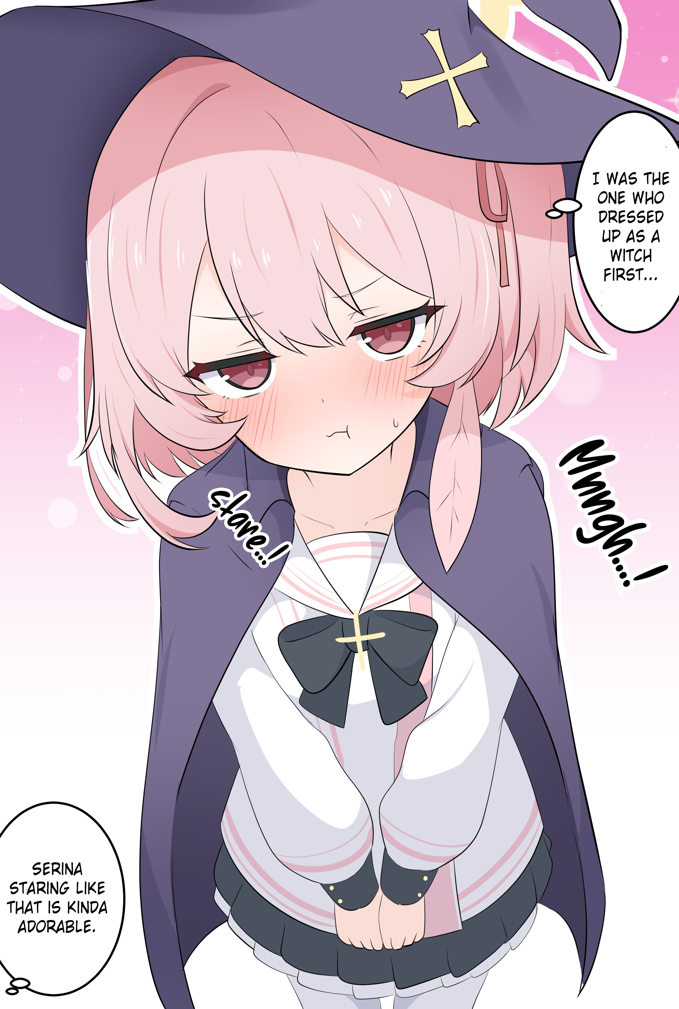 kakapomilk, serina (blue archive), blue archive, blush, bow, bowtie, dress, english translation, feather hair ornament, hair ornament, halo, pantyhose, pink hair, pout, puffy sleeves, red eyes, ribbon, sailor collar, short hair, skirt, white pantyhose