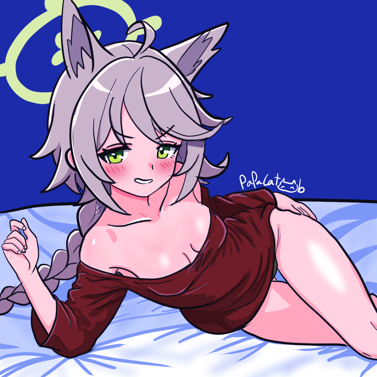 otogi (blue archive), blue archive, ahoge, animal ears, blush, braid, braided ponytail, breasts, brown hair, cleavage, fox ears, green eyes, halo, hand on own hip, loose clothes, loose shirt, lying, on side, panties, panty peek, shirt, short hair, smug, thighs, underwear