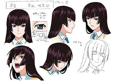 hayasaka ouka, busou renkin, lowres, 00s, 1girl, ^ ^, blue eyes, brown hair, closed eyes, reference sheet, simple background, sketch, smile, white background