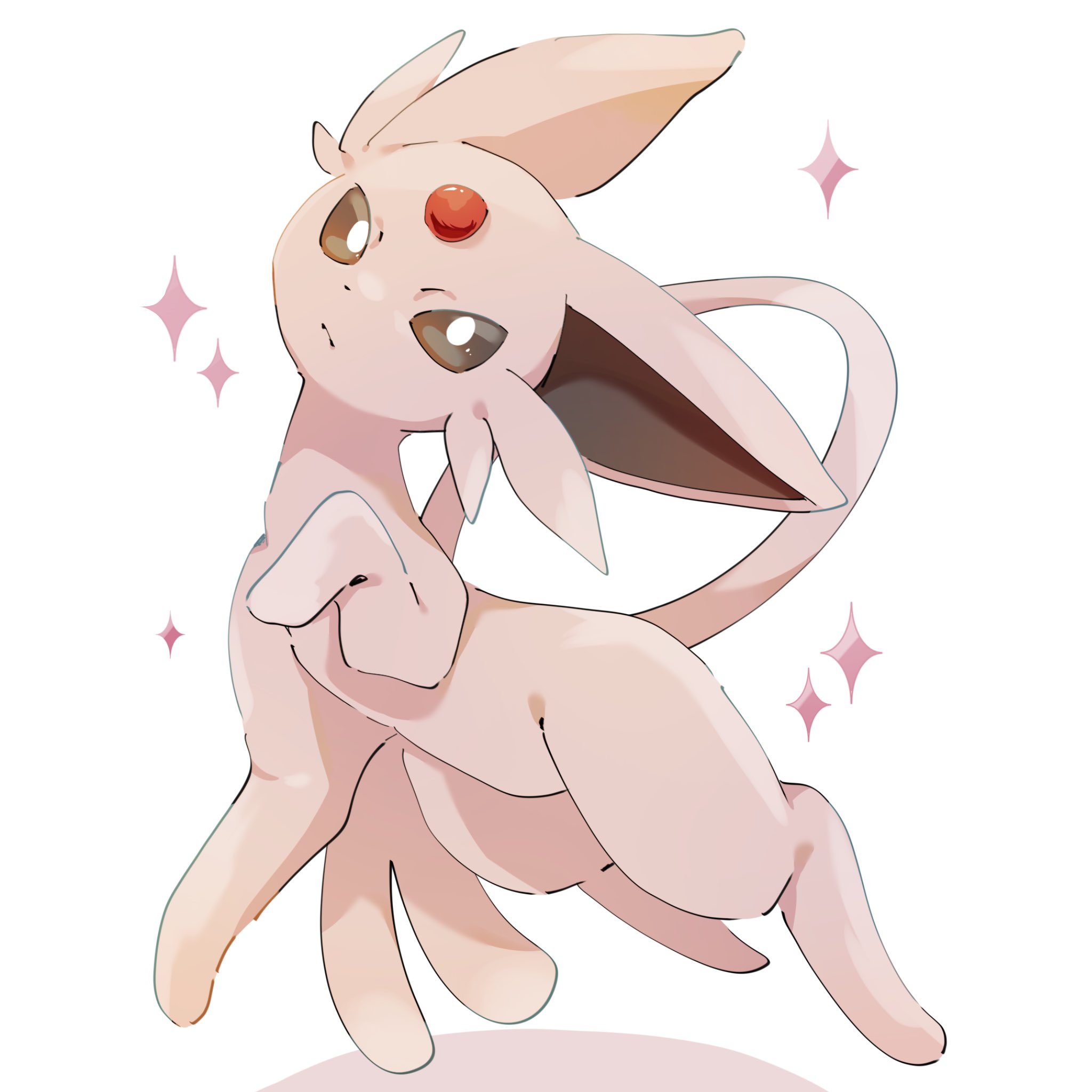 hp7car7nxrq5s7q, espeon, nintendo, pokemon, highres, animal focus, closed mouth, colored sclera, forehead jewel, forked tail, full body, gem, gen 2 pokemon, looking at viewer, no humans, pokemon (creature), pokemon focus, purple eyes, purple fur, purple sclera, red gemstone, simple background, solo, star (symbol), tail, white background