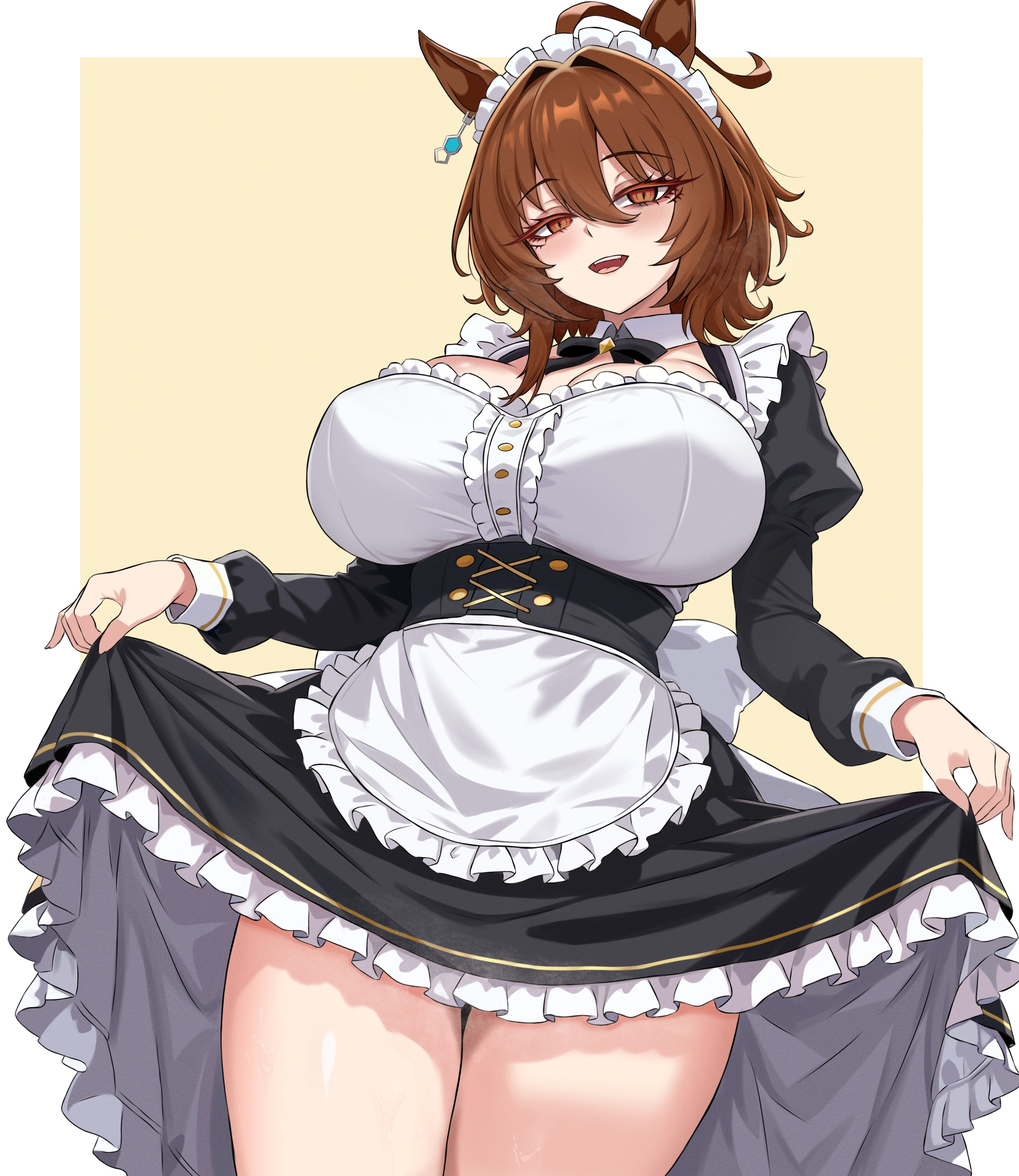 lansulynn, agnes tachyon (umamusume), umamusume, absurdres, commentary request, highres, 1girl, ahoge, alternate breast size (larger), alternate costume, animal ears, apron, black corset, black dress, border, breasts, brown hair, corset, dress, enmaided, frilled apron, frilled dress, frills, horse ears, horse girl, horse tail, huge breasts, juliet sleeves, long sleeves, looking at viewer, maid, maid apron, medium hair, open mouth, outside border, puffy sleeves, red eyes, skirt hold, smile, solo, tail, thighs, white apron, white border, yellow background
