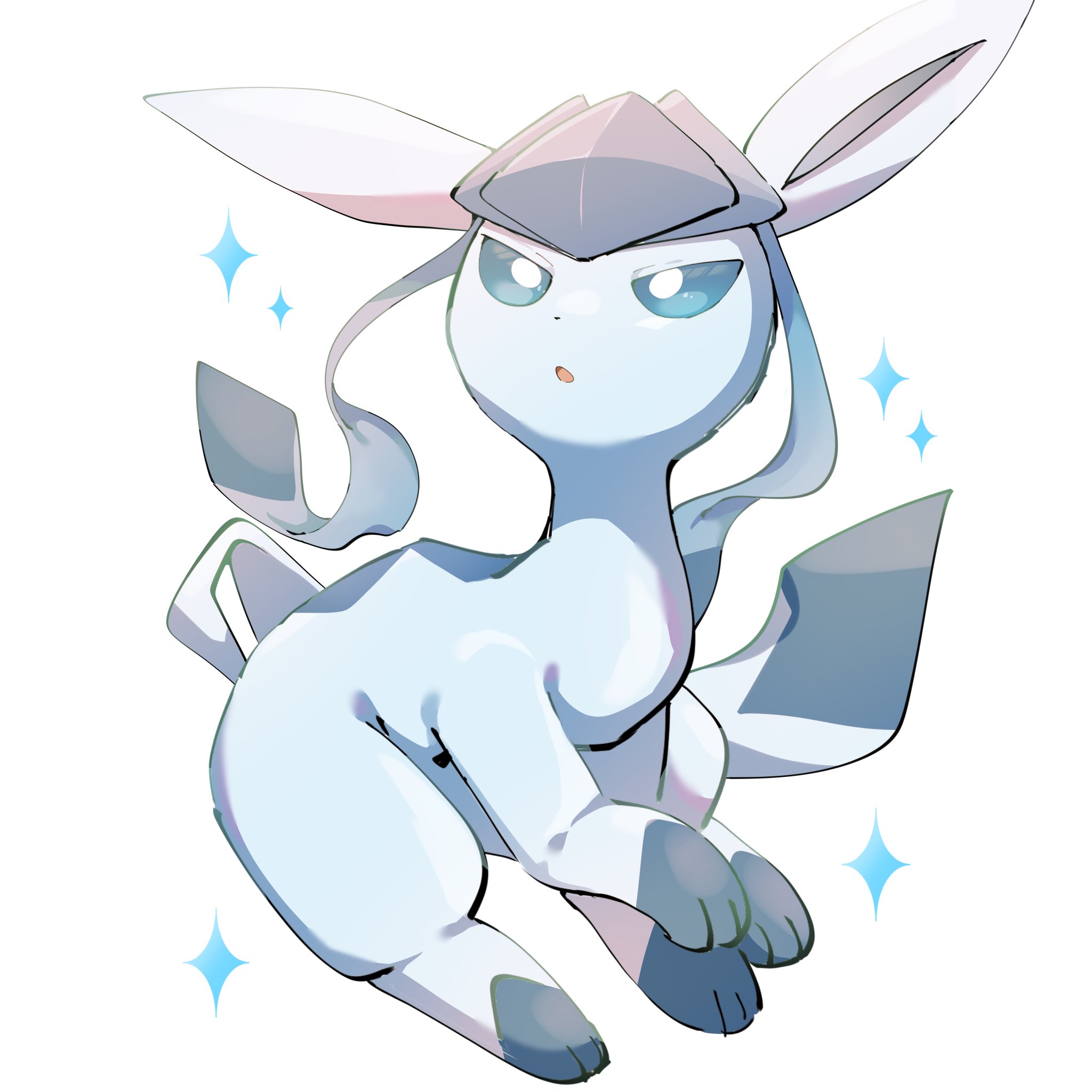 hp7car7nxrq5s7q, glaceon, nintendo, pokemon, highres, animal ears, animal focus, blue eyes, blue fur, full body, gen 4 pokemon, looking at viewer, no humans, open mouth, parted lips, pokemon (creature), pokemon focus, simple background, solo, star (symbol), tail, white background