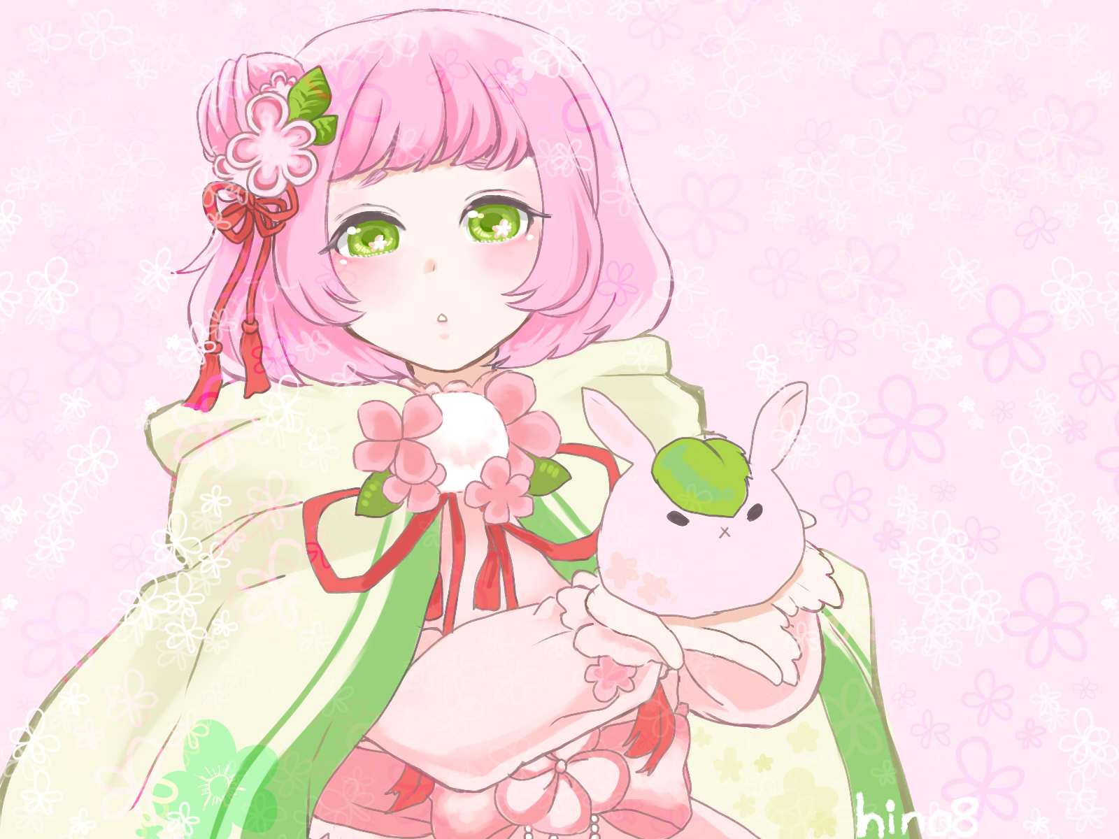 hino (8), miracle nikki, nikki (series), highres, 1girl, :o, animal-themed food, animal ears, bow, cherry blossoms, cloak, dress, floral background, floral print, flower, flower in eye, food, frilled sleeves, frills, giving food, green cloak, green eyes, hair bun, hair flower, hair ornament, hair ribbon, holding, holding food, hood, hood down, hooded cloak, leaf, light blush, long sleeves, medium hair, mochi, neck ribbon, parted lips, pink background, pink bow, pink dress, pink flower, pink hair, pom pom (clothes), puffy long sleeves, puffy sleeves, rabbit ears, red ribbon, ribbon, sakura mochi, sakuramochi rabbit (miracle nikki), signature, single side bun, solo, symbol in eye, tassel, tassel hair ornament, upper body, wagashi, waist bow
