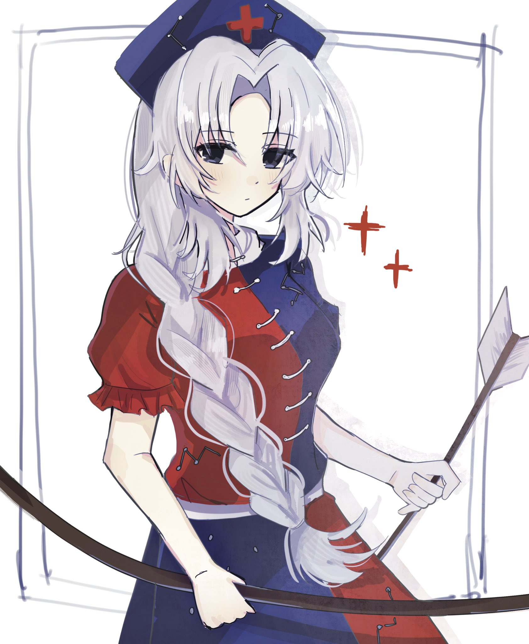 ebuna, yagokoro eirin, touhou, highres, arrow (projectile), blue hat, bow (weapon), cross, dress, grey eyes, grey hair, hat, multicolored dress, red cross, weapon