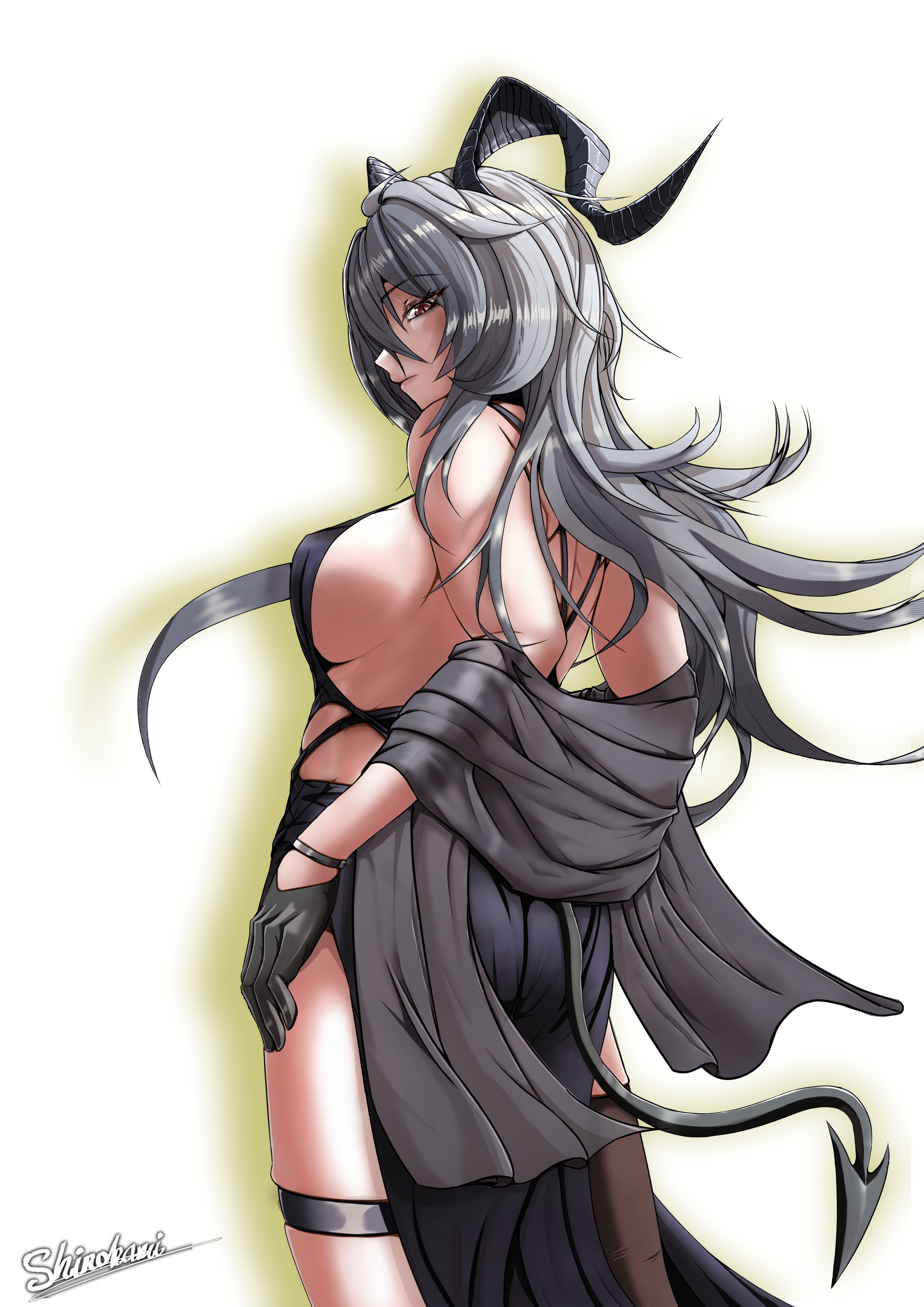 haoyitay, zani (wuthering waves), wuthering waves, absurdres, commentary, english commentary, highres, 1girl, alternate costume, bare shoulders, black dress, black gloves, black horns, black tail, black thighhighs, breasts, cowboy shot, curled horns, demon tail, dress, evening gown, from behind, gloves, grey hair, horns, large breasts, long hair, red eyes, sideboob, sideways glance, signature, single thighhigh, solo, tail, thigh strap, thighhighs, white background