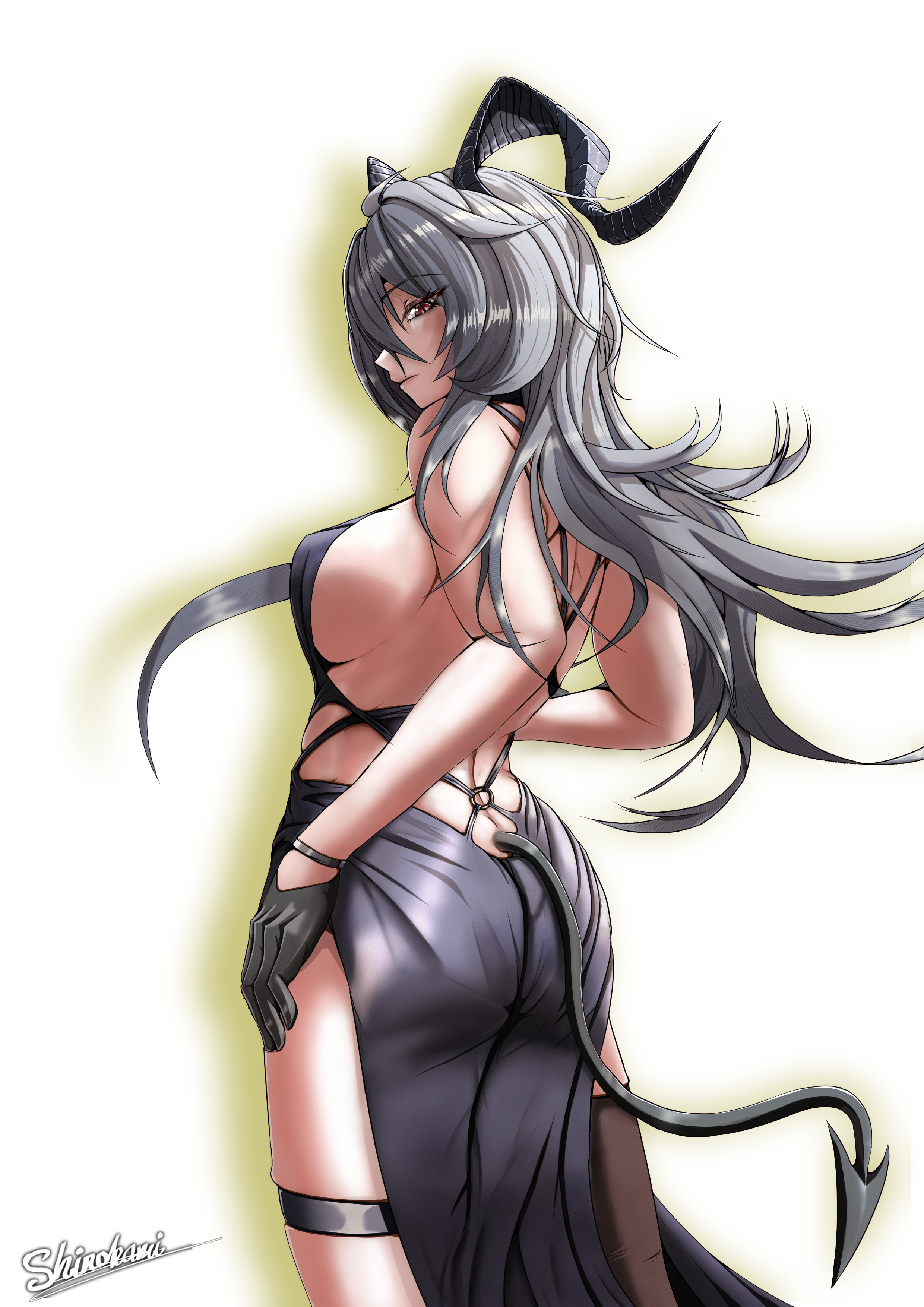 haoyitay, zani (wuthering waves), wuthering waves, absurdres, commentary, english commentary, highres, 1girl, alternate costume, ass, bare shoulders, black dress, black gloves, black horns, black tail, black thighhighs, breasts, cowboy shot, curled horns, demon tail, dress, evening gown, from behind, gloves, grey hair, horns, large breasts, long hair, red eyes, sideboob, sideways glance, signature, single thighhigh, solo, tail, thigh strap, thighhighs, white background