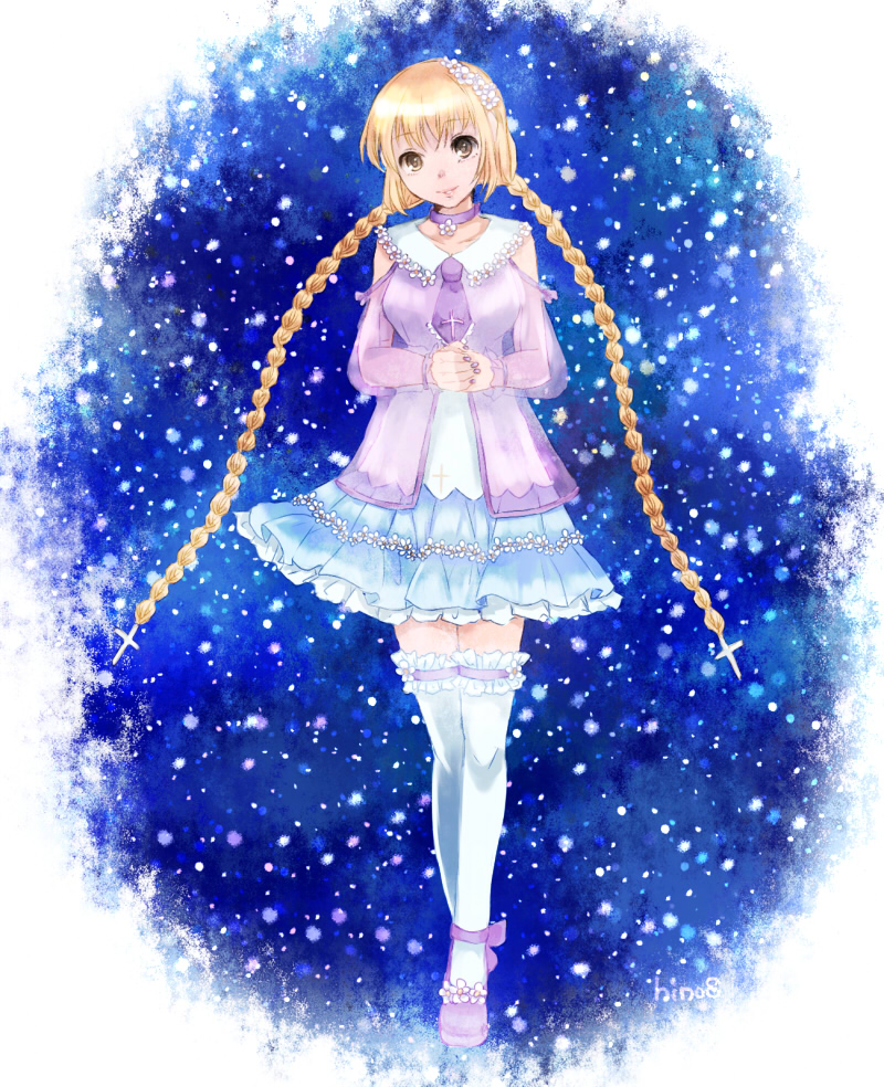 hino (8), miracle nikki, nikki (series), commentary request, 1girl, ankle bow, ankle ribbon, bare shoulders, blonde hair, blue skirt, blue thighhighs, border, bow, braid, brown eyes, closed mouth, clothing cutout, collar, collarbone, collared shirt, criss-cross halter, cross, cross print, eyelashes, flower, footwear flower, frilled necktie, frilled skirt, frilled thigh strap, frills, full body, hair flower, hair ornament, halterneck, happy, head tilt, high heels, knees, layered shirt, lips, long hair, long sleeves, looking at viewer, low twin braids, miniskirt, nail polish, neck flower, necktie, night, night sky, own hands together, piety flower (miracle nikki), pleated skirt, puffy long sleeves, puffy sleeves, pumps, purple bow, purple collar, purple nails, purple necktie, purple shirt, purple shoes, ribbon, round border, see-through clothes, see-through sleeves, shirt, shoes, shoulder cutout, signature, skirt, sky, smile, solo, standing, star (sky), starry sky, tareme, thigh strap, thighhighs, twin braids, very long hair, white border, white flower, white shirt, zettai ryouiki