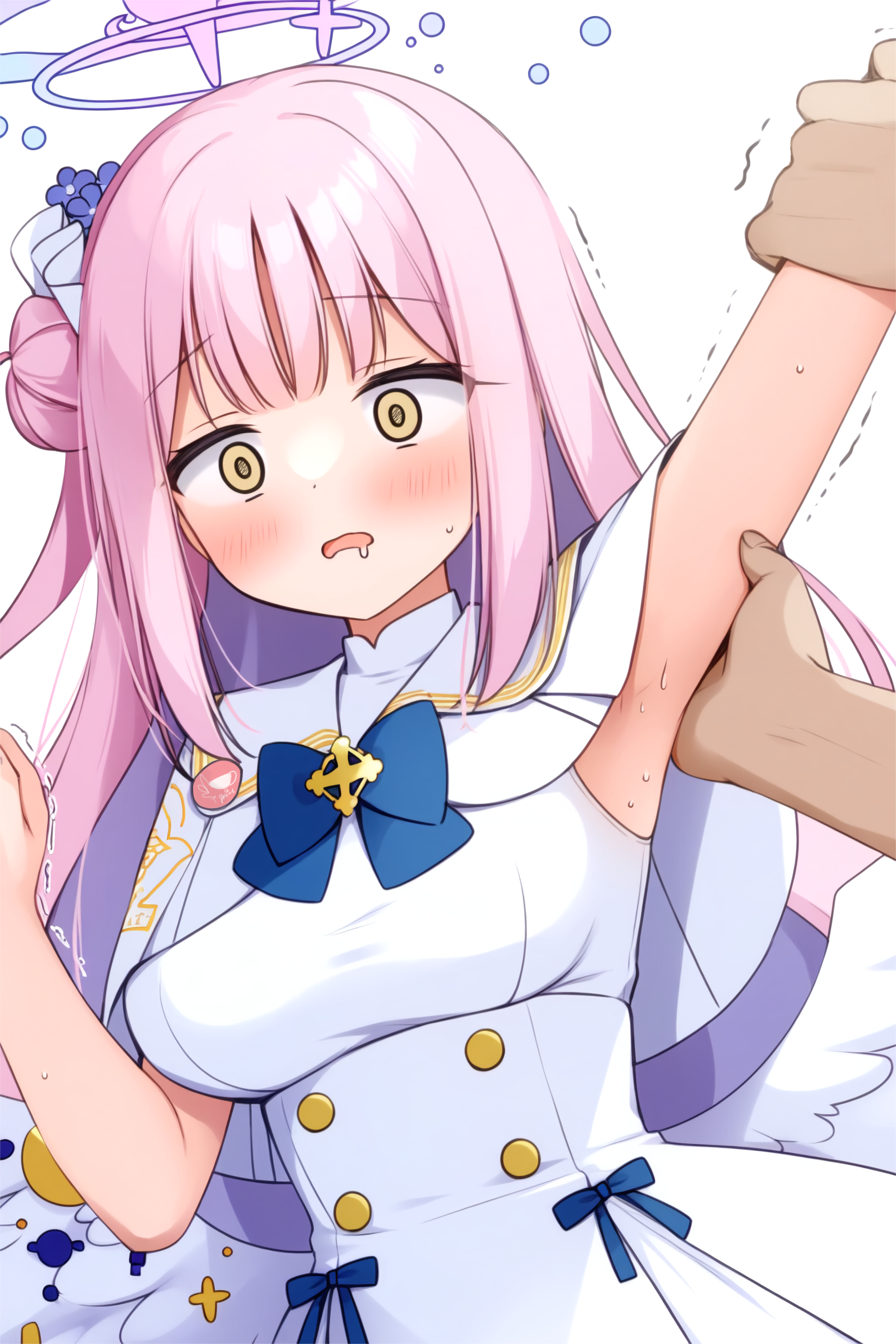 mika (blue archive), blue archive, absurdres, highres, 1girl, 1other, aikumofuwari, angel wings, arm up, armpits, blue bow, blue bowtie, blush, bow, bowtie, breasts, buttons, double-breasted, dress, feathered wings, hair bun, halo, high-waist skirt, holding another's arm, low wings, medium breasts, open mouth, pink hair, pink halo, simple background, single hair bun, single side bun, skirt, sleeveless, sleeveless dress, white background, white dress, wide-eyed, wing ornament, wings, yellow eyes