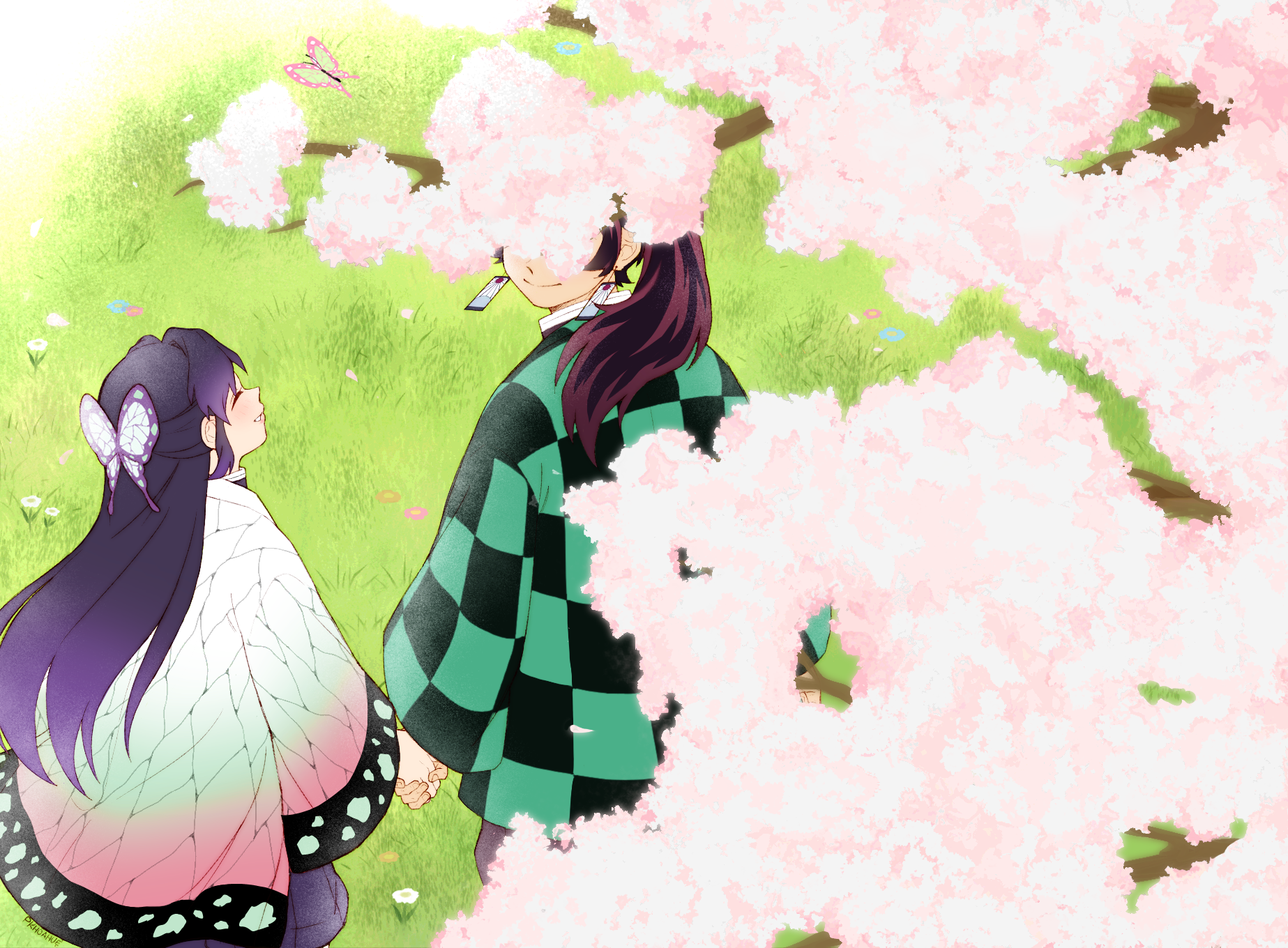 kamado tanjirou, kochou shinobu, kimetsu no yaiba, original, highres, 1girl, alternate universe, animal print, belt, bug, butterfly, butterfly hair ornament, butterfly print, checkered clothes, checkered haori, cherry blossoms, closed eyes, couple, demon slayer uniform, earrings, flower, good end, gradient hair, hair ornament, hanafuda earrings, haori, holding hands, insect, japanese clothes, jewelry, kimono, kishimen hair, long hair, multicolored hair, outdoors, petals, purple butterfly, scar, scar on face, scar on forehead, smile, tree, user fhwv8447, white belt, wisteria