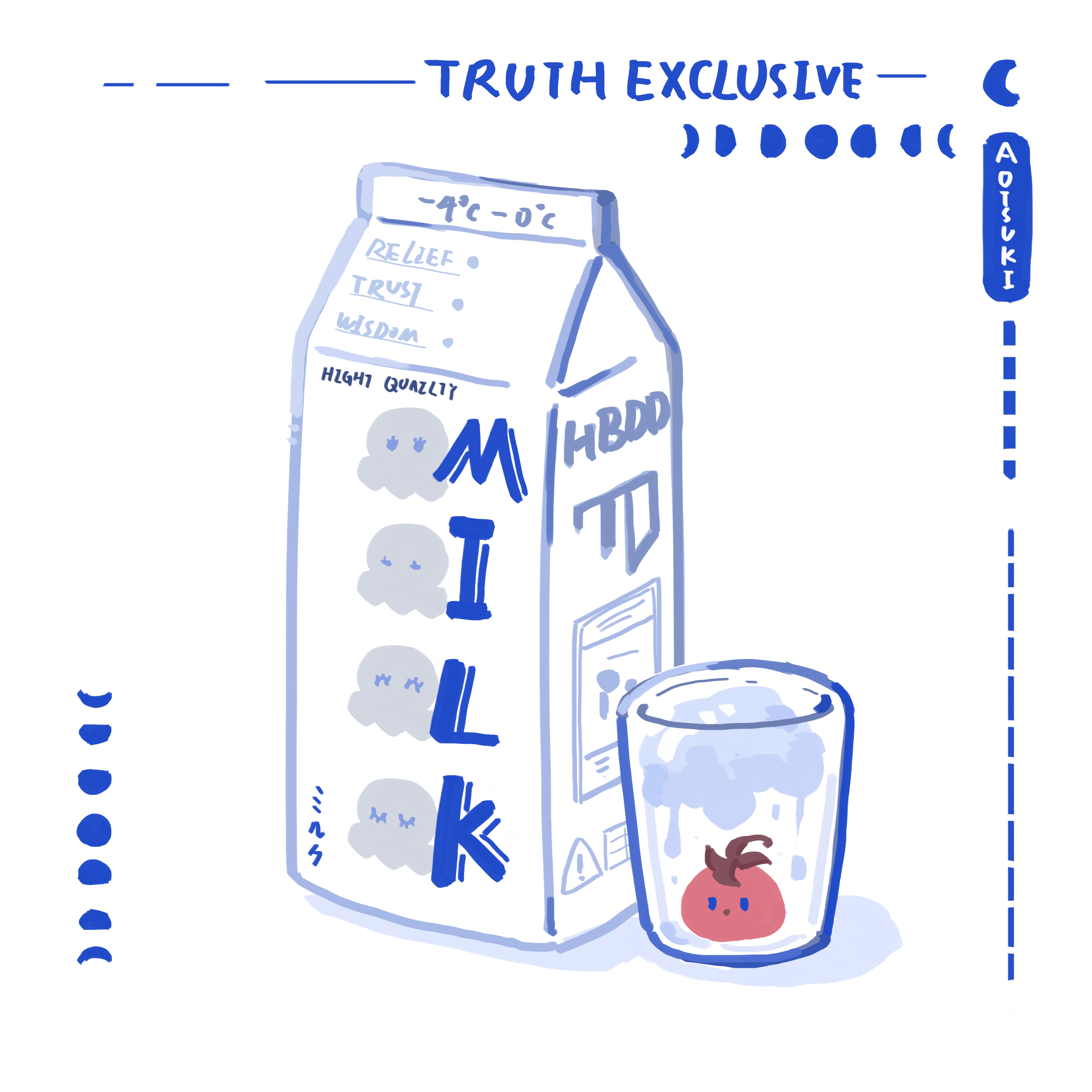 trade-wind, aotsuki eito, sumino takumi, the hundred line -last defense academy-, absurdres, chinese commentary, highres, ^ ^, animal print, animalization, blue eyes, character name, closed eyes, crescent moon, cup, drinking glass, english text, food focus, full moon, gibbous moon, half moon, milk carton, moon, moon phases, octopus, tomato, white background