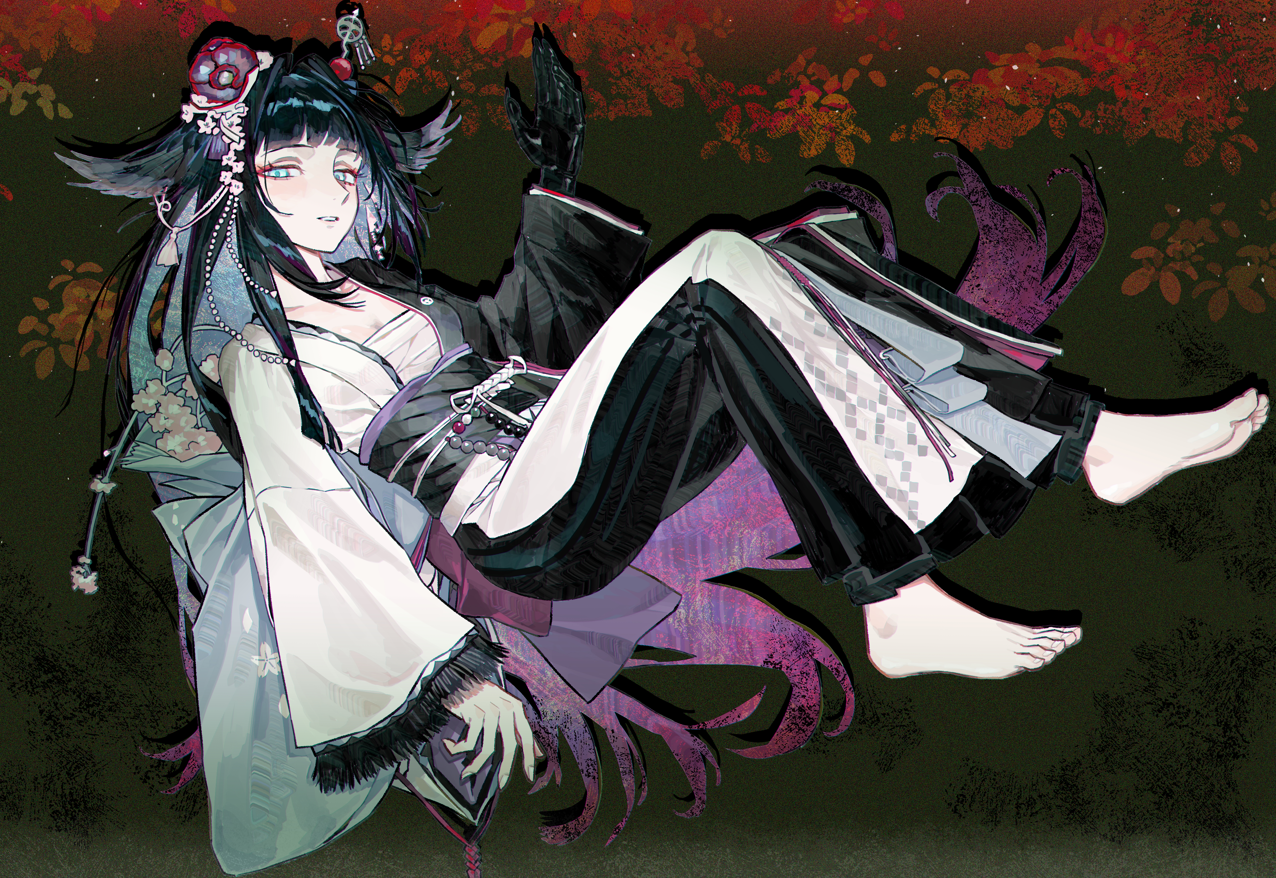 renxzd, mio (arknights), arknights, absurdres, highres, 1girl, barefoot, black gloves, black hair, blue eyes, chest sarashi, flower, from side, full body, gloves, hair flower, hair ornament, long hair, long sleeves, obi, parted lips, sarashi, sash, single glove, solo, two-tone kimono, very long hair