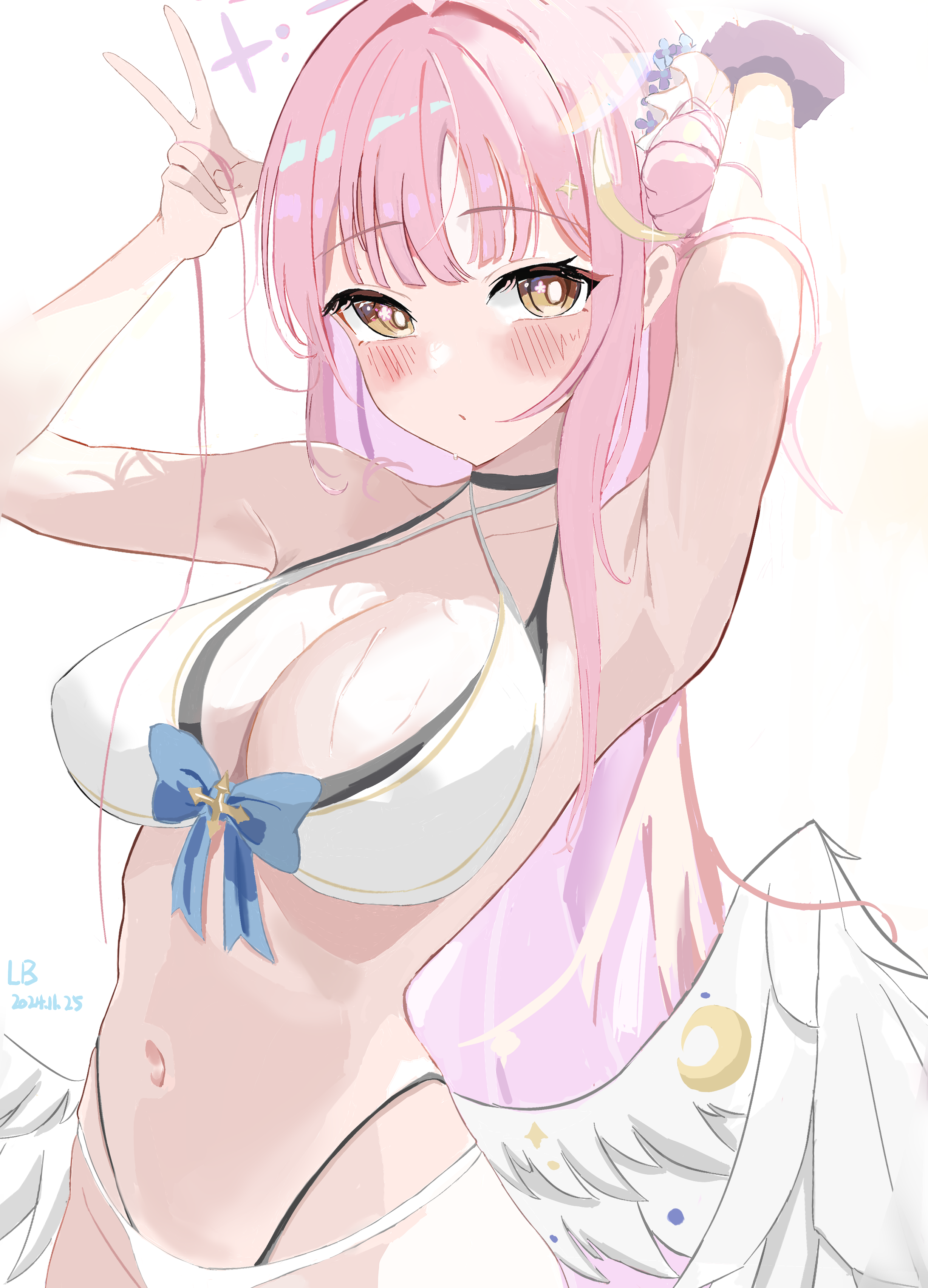 lvbing, mika (blue archive), blue archive, absurdres, highres, 1girl, alternate costume, angel wings, armpits, arms up, bikini, breasts, cleavage, closed mouth, collarbone, feathered wings, hair bun, large breasts, layered bikini, low wings, multi-strapped bikini bottom, multi-strapped bikini top, navel, pink hair, presenting armpit, scrunchie, simple background, single hair bun, single side bun, stomach, swimsuit, white background, white wings, wing ornament, wings, wrist scrunchie, yellow eyes