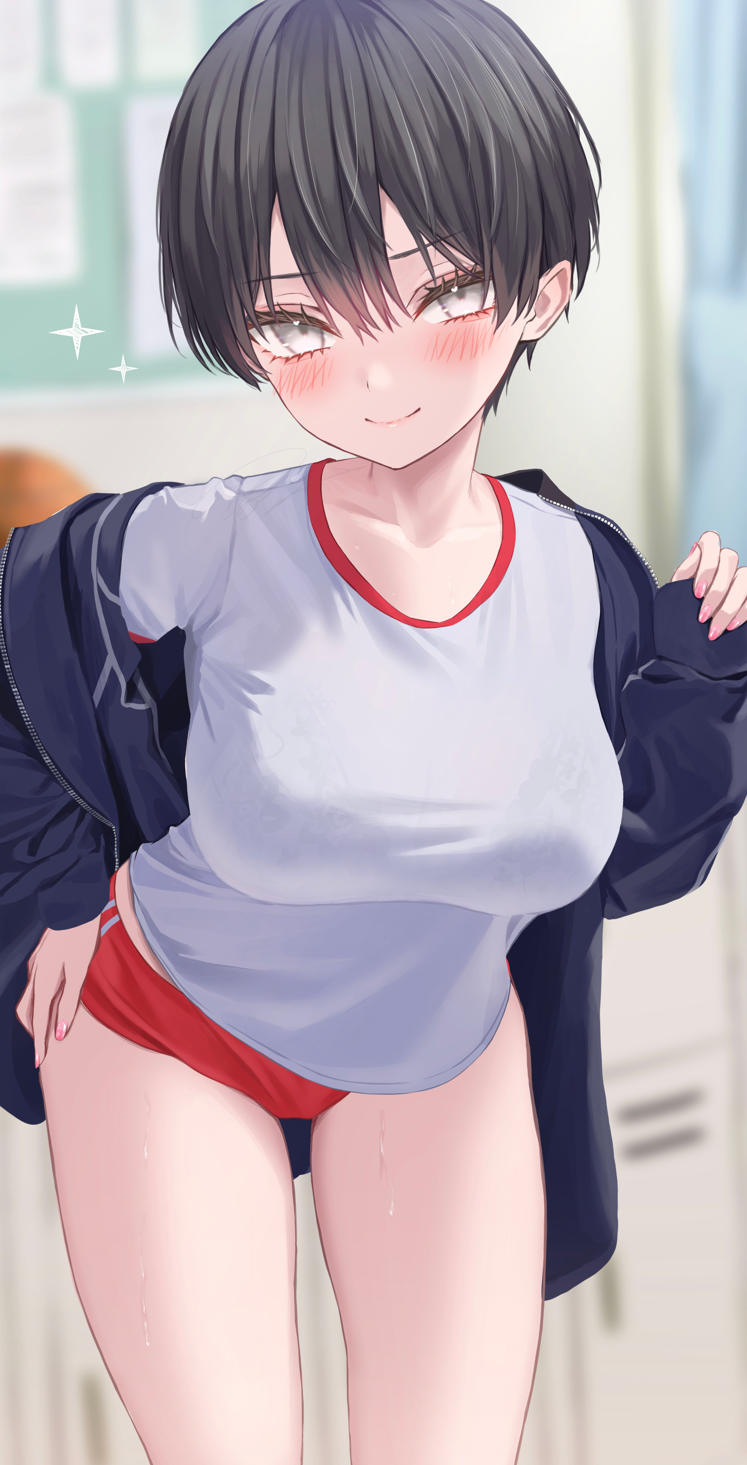 norio (noriosub), original, absurdres, commentary request, highres, 1girl, bare legs, black bra, black hair, black jacket, blush, bra, bra visible through clothes, breasts, buruma, closed mouth, collarbone, grey eyes, gym uniform, hair between eyes, indoors, jacket, large breasts, locker, long sleeves, looking at viewer, red buruma, see-through clothes, shirt, short hair, smile, solo, standing, sweat, thighs, tomboy, underwear, wet, wet clothes, wet shirt, white shirt