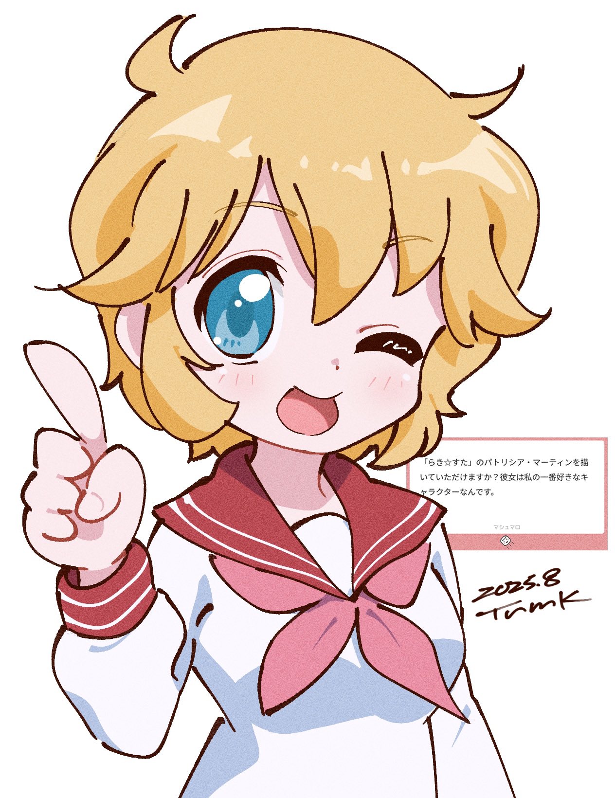 tsunemoku, patricia martin, lucky star, highres, 1girl, :d, aqua eyes, blonde hair, blue eyes, breasts, dated, index finger raised, marshmallow (site), neckerchief, one eye closed, open mouth, pink neckerchief, red sailor collar, red sleeve cuffs, ryouou school uniform, sailor collar, school uniform, serafuku, shirt, short hair, smile, striped sleeve cuffs, white background, white shirt, winter uniform