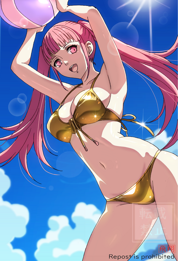 hilda valentine goneril, fire emblem, fire emblem: three houses, nintendo, 1girl, :d, alternate costume, armpits, arms up, ball, bare shoulders, beachball, bikini, blue sky, breasts, cleavage, collarbone, from below, gluteal fold, gold bikini, large breasts, long hair, looking at viewer, navel, open mouth, outdoors, pink eyes, pink hair, sky, smile, solo, stomach, swimsuit, teeth, tes2w44zagroyj7, thighs, twintails, upper teeth only