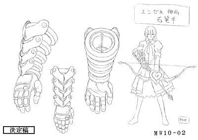 hayasaka ouka, busou renkin, lowres, 00s, 1girl, angel gozen (weapon), arrow (projectile), bow (weapon), female focus, full body, gauntlets, lineart, long hair, monochrome, reference sheet, simple background, single gauntlet, sketch, solo, standing, weapon, white background