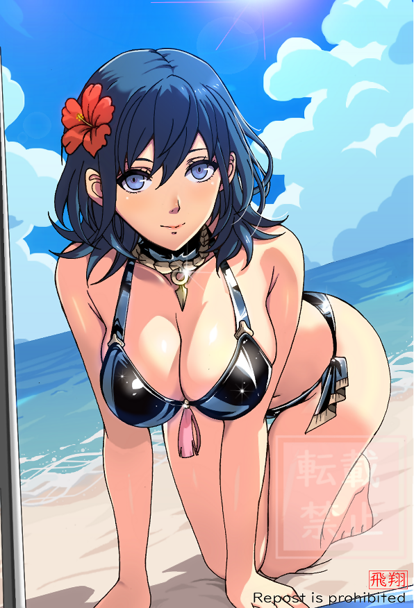 female byleth (fire emblem), female byleth (summer) (fire emblem), fire emblem, fire emblem: three houses, fire emblem heroes, nintendo, 1girl, all fours, bare legs, bare shoulders, barefoot, beach, bent over, bikini, black bikini, blue eyes, blue hair, blue sky, breasts, cleavage, closed mouth, flower, hair between eyes, hair flower, hair ornament, hibiscus, kneeling, large breasts, long hair, looking at viewer, navel, ocean, official alternate costume, outdoors, red flower, sky, smile, solo, swimsuit, tes2w44zagroyj7, thighs, water