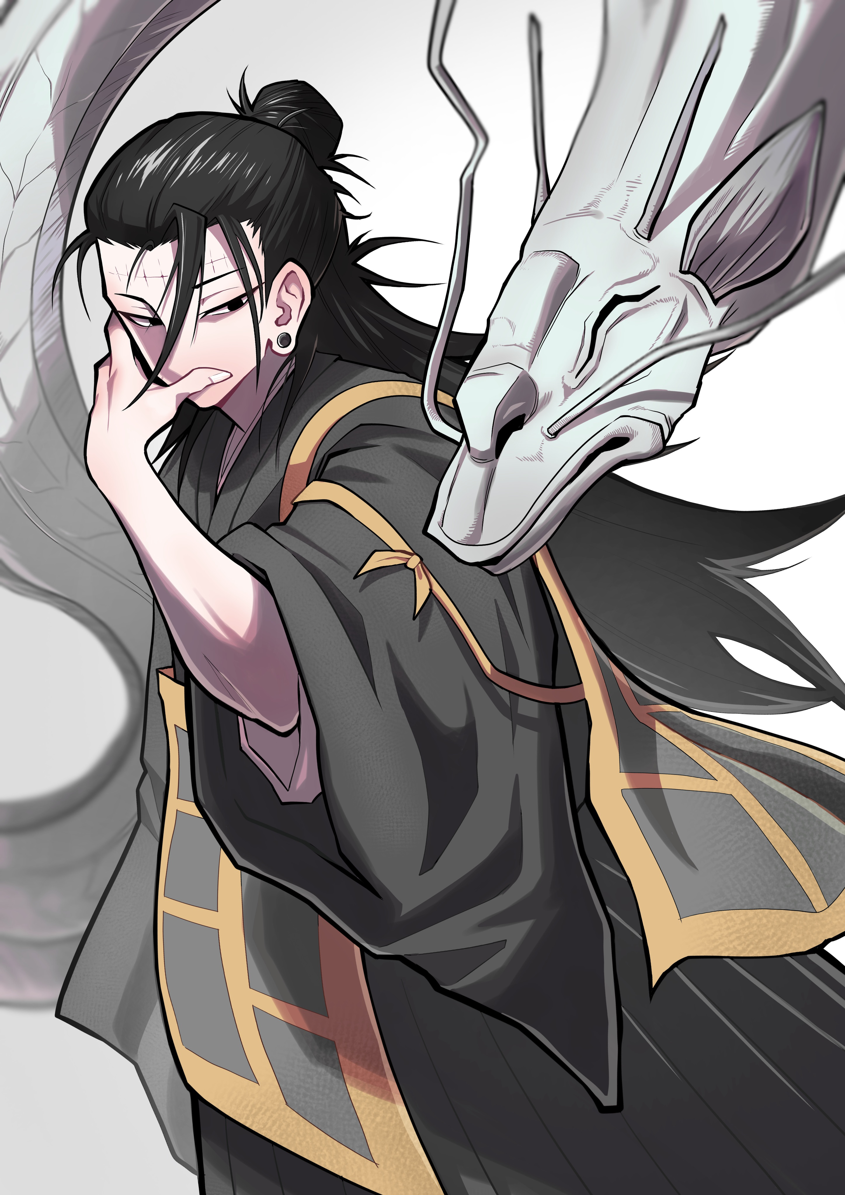tsumiki (tsu miki), getou suguru, getou suguru (kenjaku), kenjaku, jujutsu kaisen, absurdres, highres, 1boy, black eyes, black hair, black kimono, covered mouth, cowboy shot, dragon, ear piercing, half-closed eyes, hand up, japanese clothes, kimono, long hair, looking to the side, male focus, piercing, ponytail, solo, stitched face, stitches, white background, wide sleeves