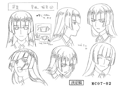 hayasaka ouka, busou renkin, lowres, tagme, 00s, 1girl, ^ ^, closed eyes, lineart, monochrome, multiple views, reference sheet, simple background, sketch, white background