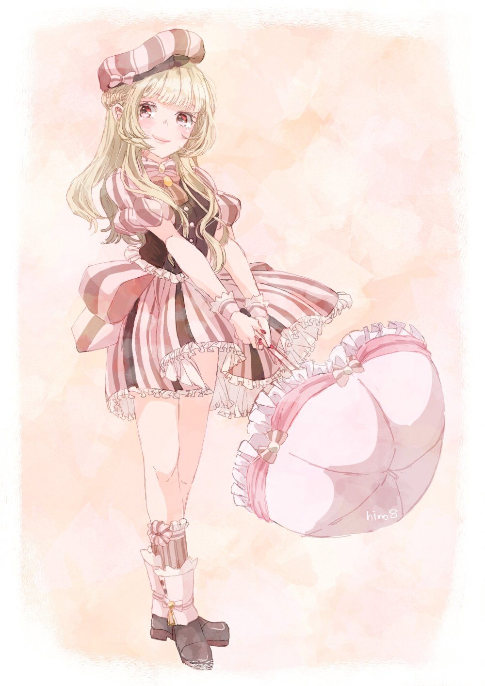hino (8), miracle nikki, nikki (series), commentary request, highres, 1girl, ankle cuffs, ankle socks, back bow, beret, blunt bangs, border, bow, bow legwear, bowtie, brooch, brown hat, brown shoes, brown socks, brown vest, closed mouth, dress, eyelashes, floating clothes, frilled bowtie, frilled socks, frilled umbrella, frilled wrist cuffs, frills, full body, hat, hat bow, holding, holding umbrella, jewelry, lipstick, loafers, lolita fashion, makeup, nail polish, orange background, parasol, pink bow, pink bowtie, pink dress, pink eyes, pink hat, pink lips, pink umbrella, pink wrist cuffs, pleated dress, puffy short sleeves, puffy sleeves, red nails, shoes, short dress, short sleeves, signature, silky syrup (miracle nikki), single stripe, smile, socks, solo, standing, striped bow, striped bowtie, striped clothes, striped dress, striped headwear, striped socks, sweet lolita, tareme, two-tone headwear, umbrella, vertical-striped clothes, vertical-striped dress, vertical-striped headwear, vertical-striped socks, vest, white border, wind, wrist cuffs