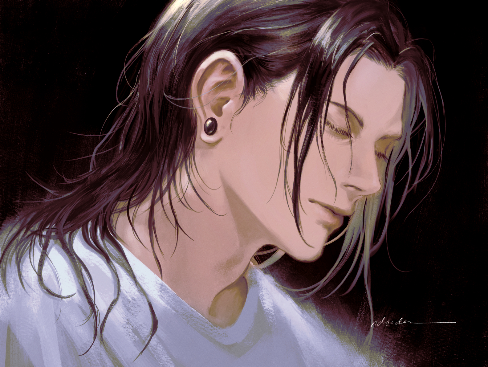 ndsoda, getou suguru, jujutsu kaisen, 1boy, alternate costume, artist name, black background, black hair, close-up, closed eyes, closed mouth, ear piercing, from side, hair over shoulder, male focus, medium hair, piercing, portrait, shirt, signature, solo, upper body, white shirt